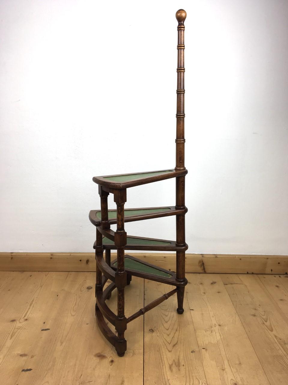 Wood Spiral Library Step, Green Leather Steps, 1950s