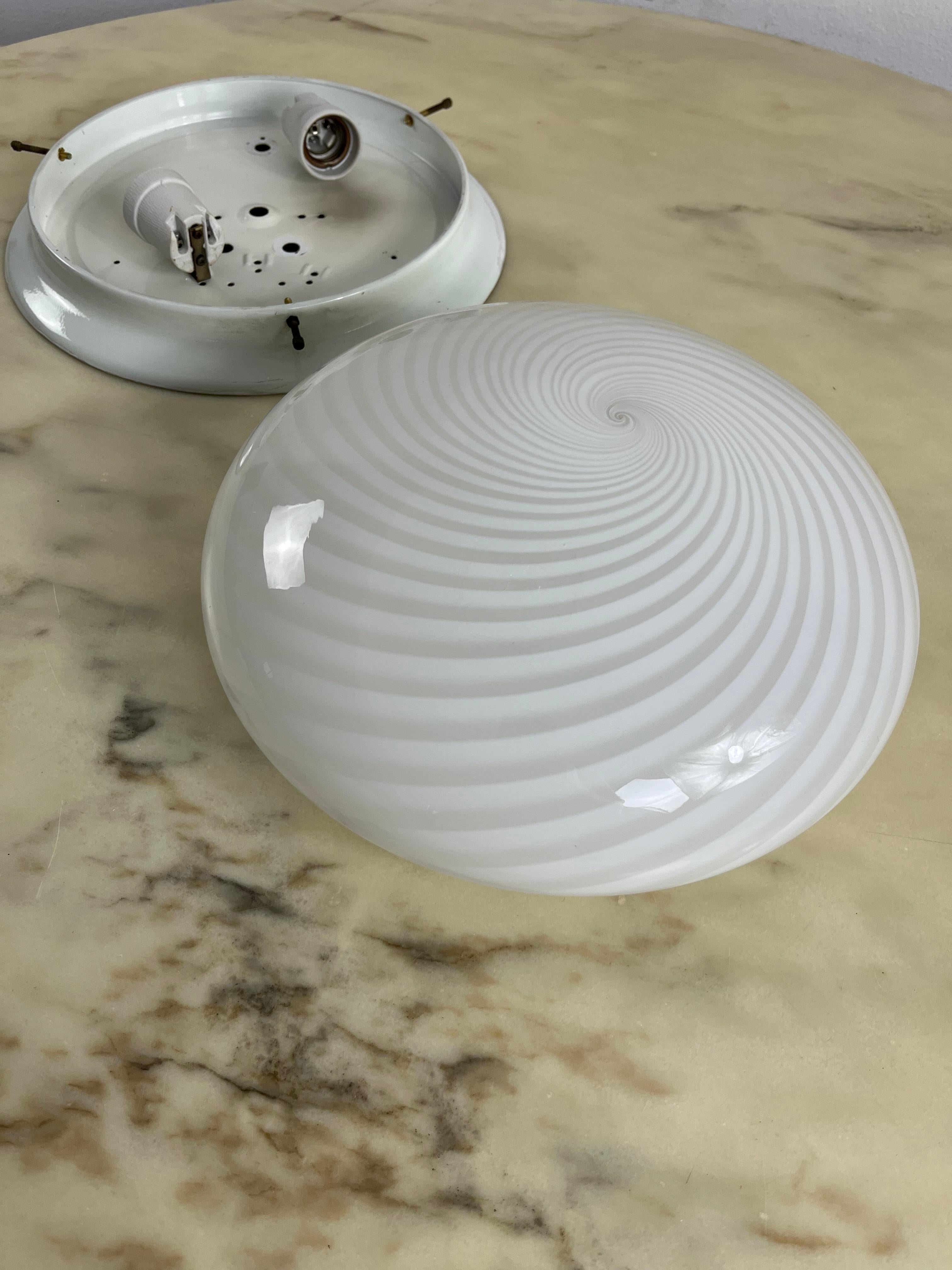 Metal Spiral Murano Glass Ceiling Light Attributed To Venini, 1960s For Sale