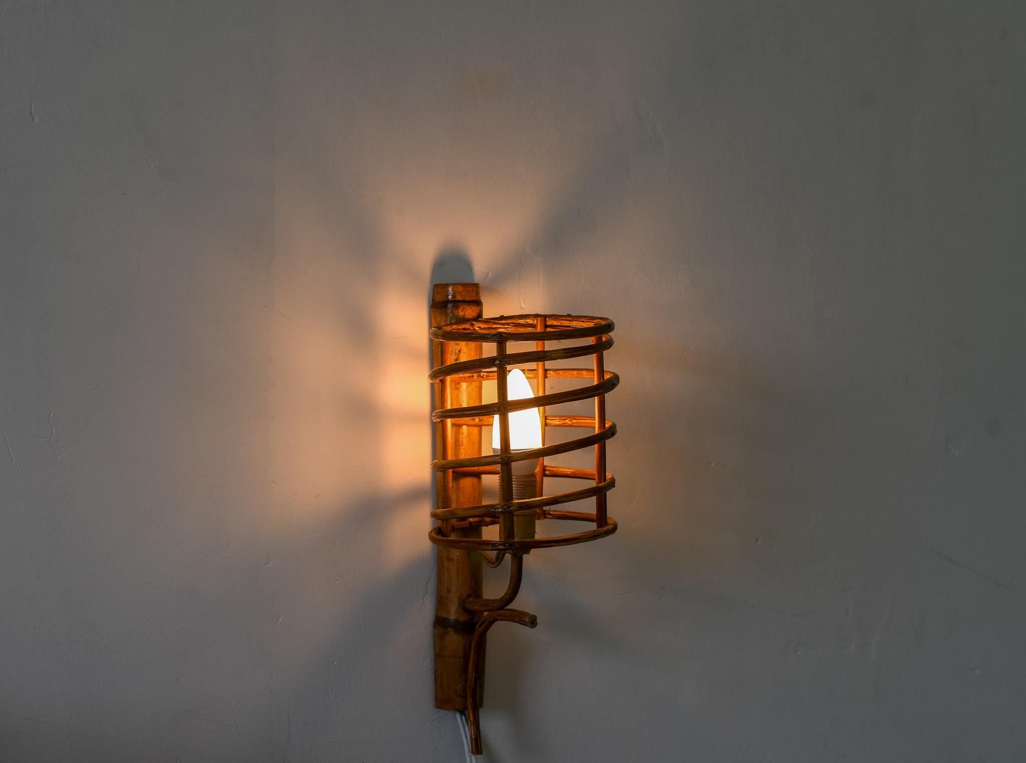 French Spiral Rattan Sconce Lamp Mid century Modern For Sale