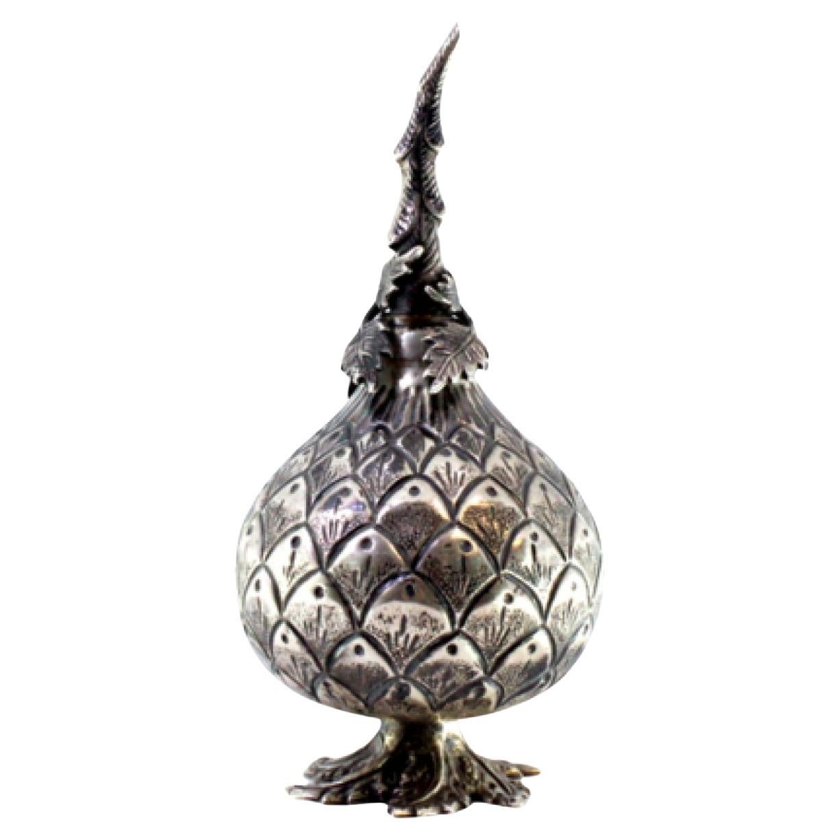 Spiral silver rose water pot with raised acanthus leaves and a branched base For Sale