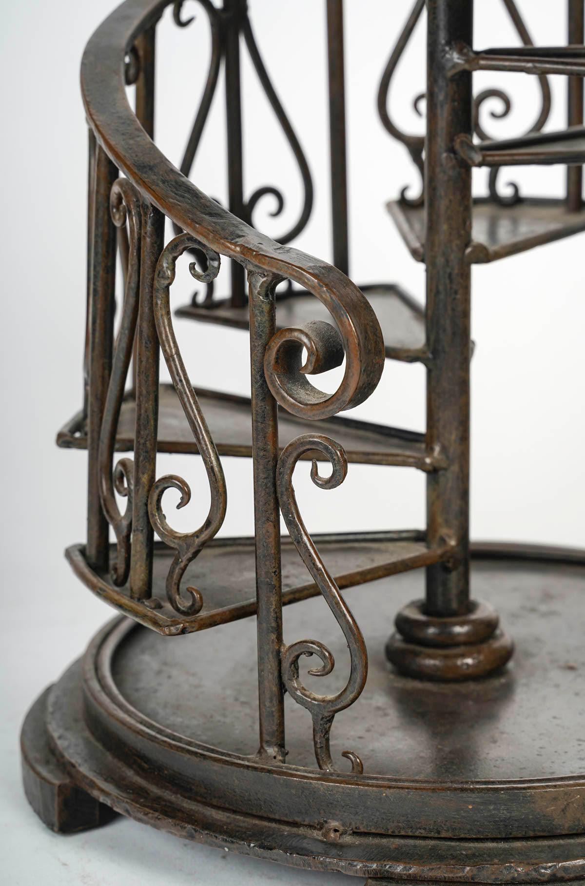 French Spiral Staircase Table Lamp in Brown Patinated Metal, 20th Century. For Sale