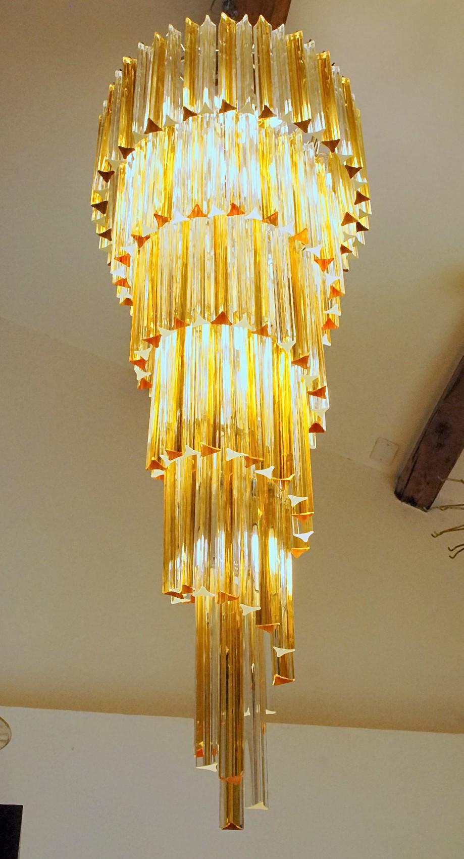 Spiral tall triedri chandelier, Amber and clear, two available 1980s 7