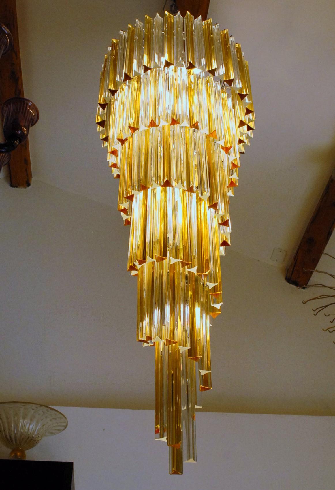 Mid-Century Modern Spiral tall triedri chandelier, Amber and clear, two available 1980s