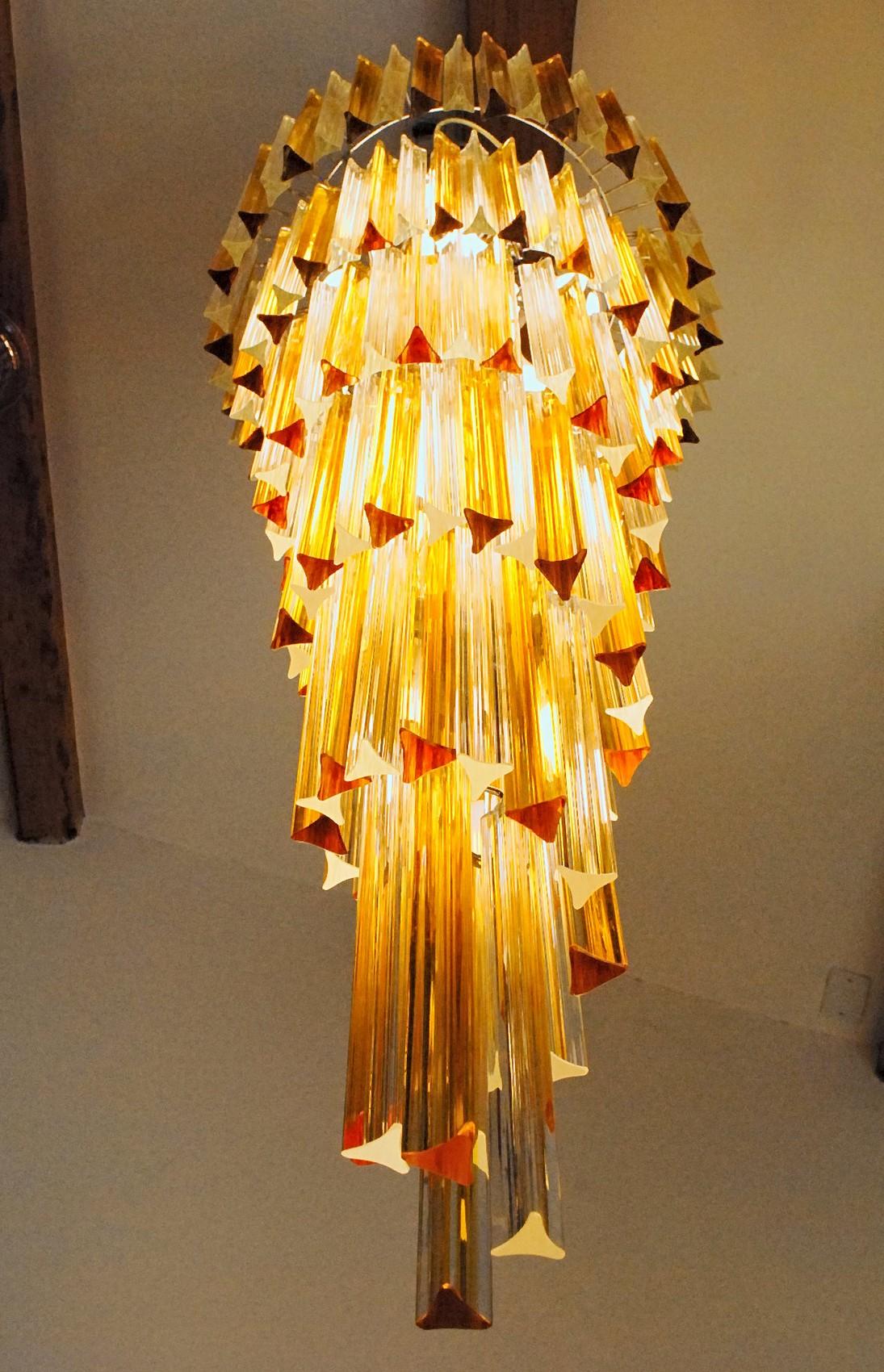 Murano Glass Spiral tall triedri chandelier, Amber and clear, two available 1980s