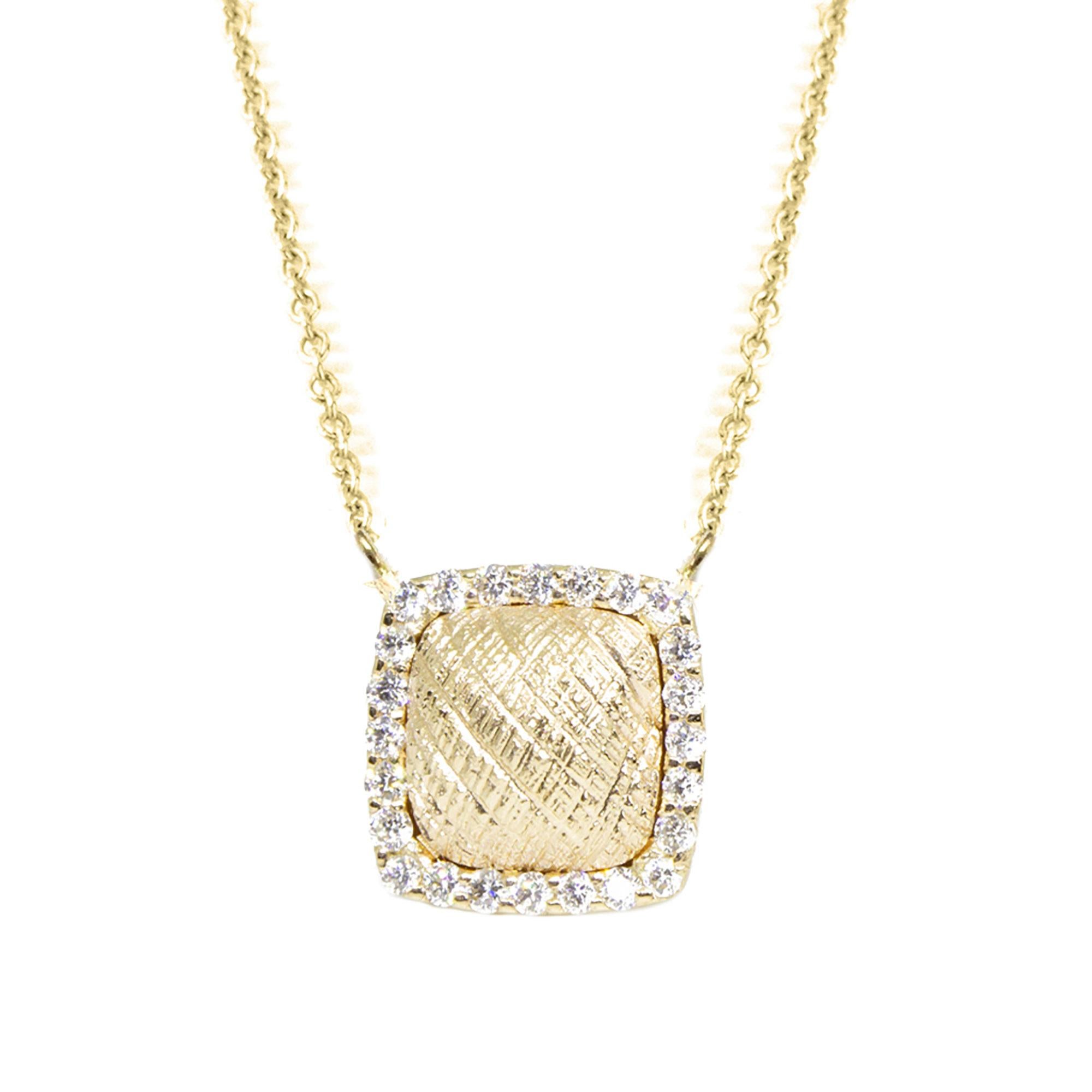 Uplift your look: The Spirit Lace Pave Gold Necklace features a square-shaped pendant detailed with a hand-hammered crosshatch pattern framed in a halo of diamonds.

Details
Metal: 18K Yellow Gold
Diamond carat: 0.15
Length: 15-17''
Diamond size: 1mm