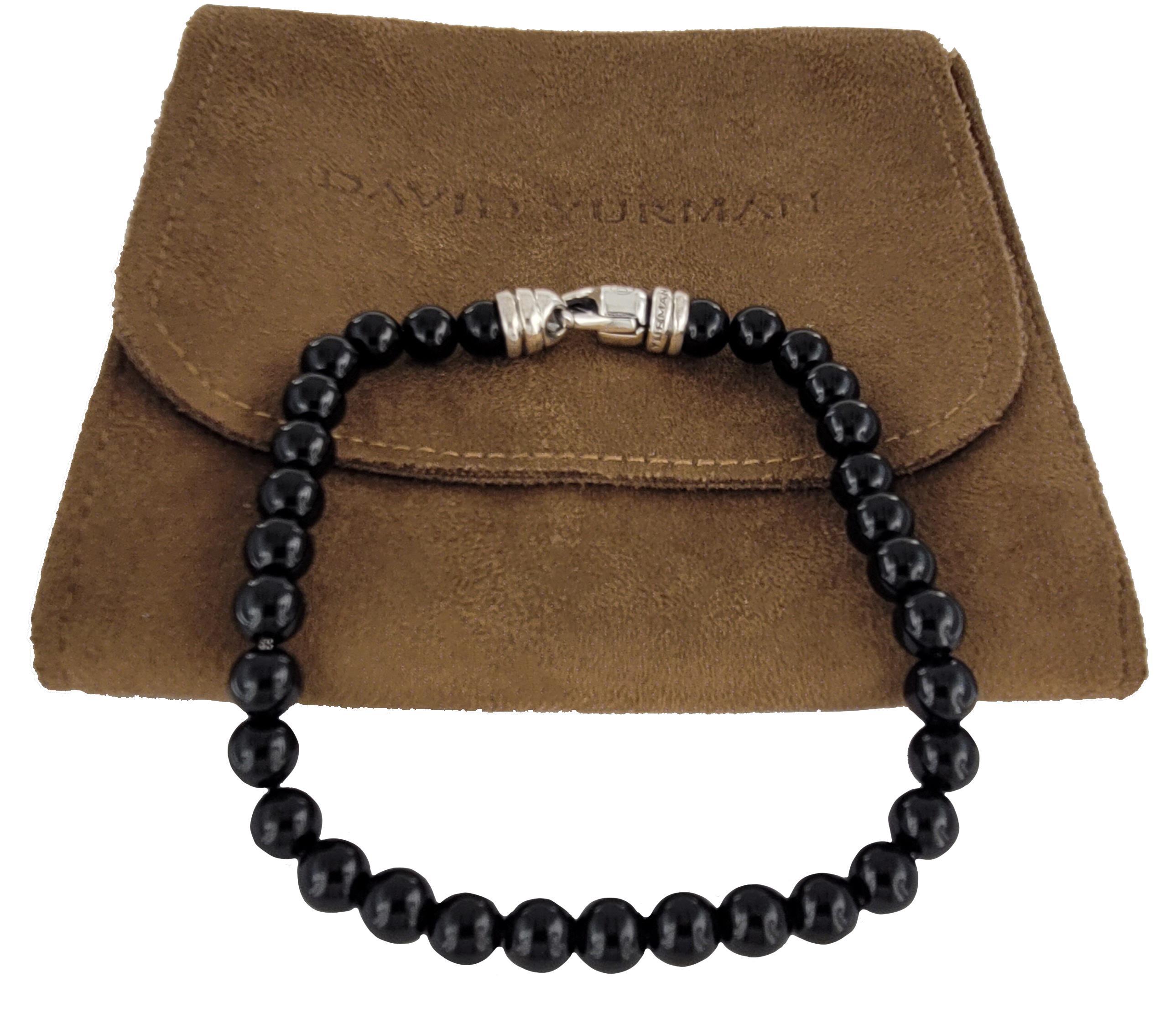 Men's Spiritual Beads Bracelet Sterling Silver with Black Beads, 6mm For Sale