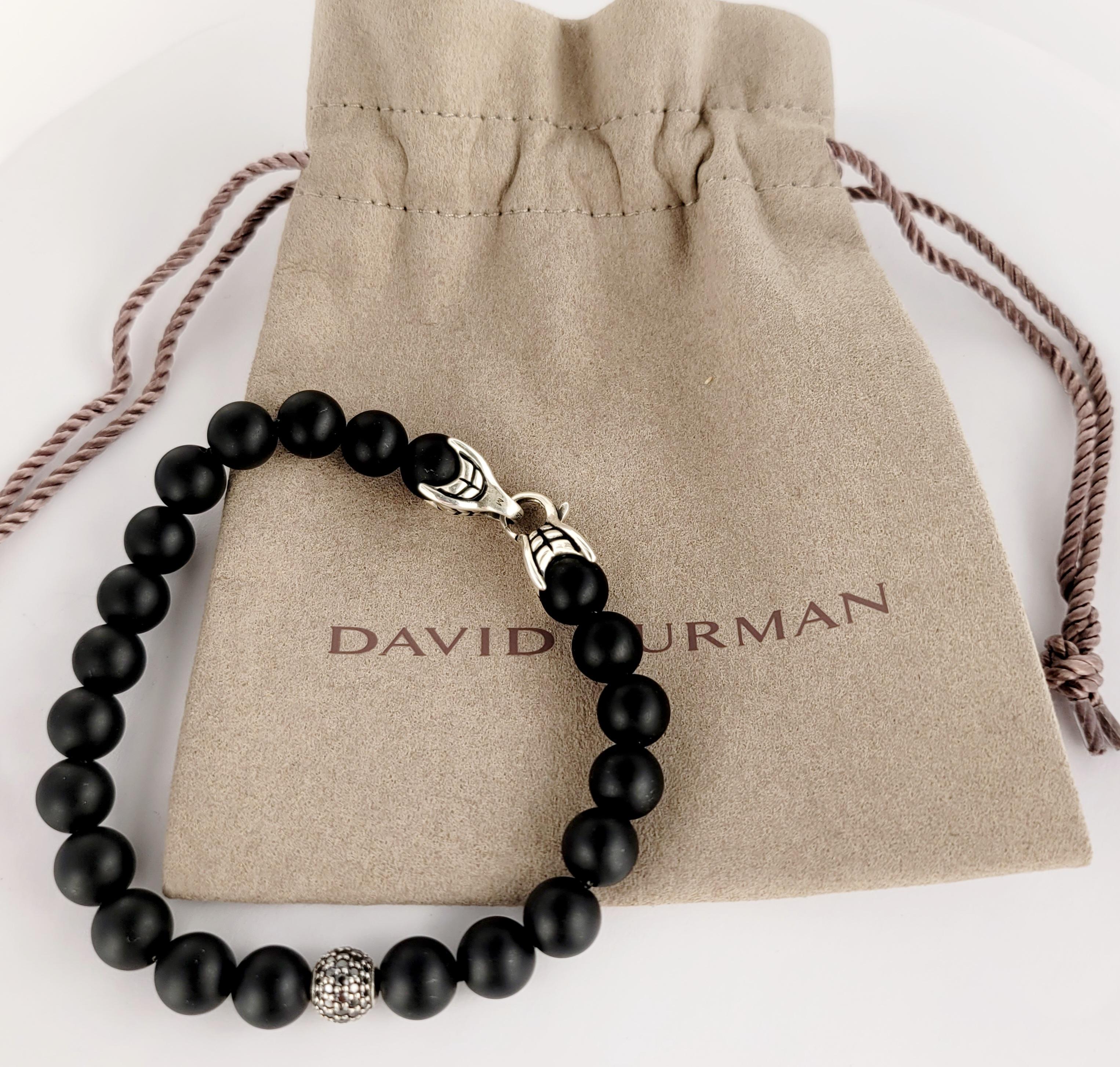 Taille ronde Bracelet de perles spirituelles en argent sterling avec onyx noir et diamant noir pavé