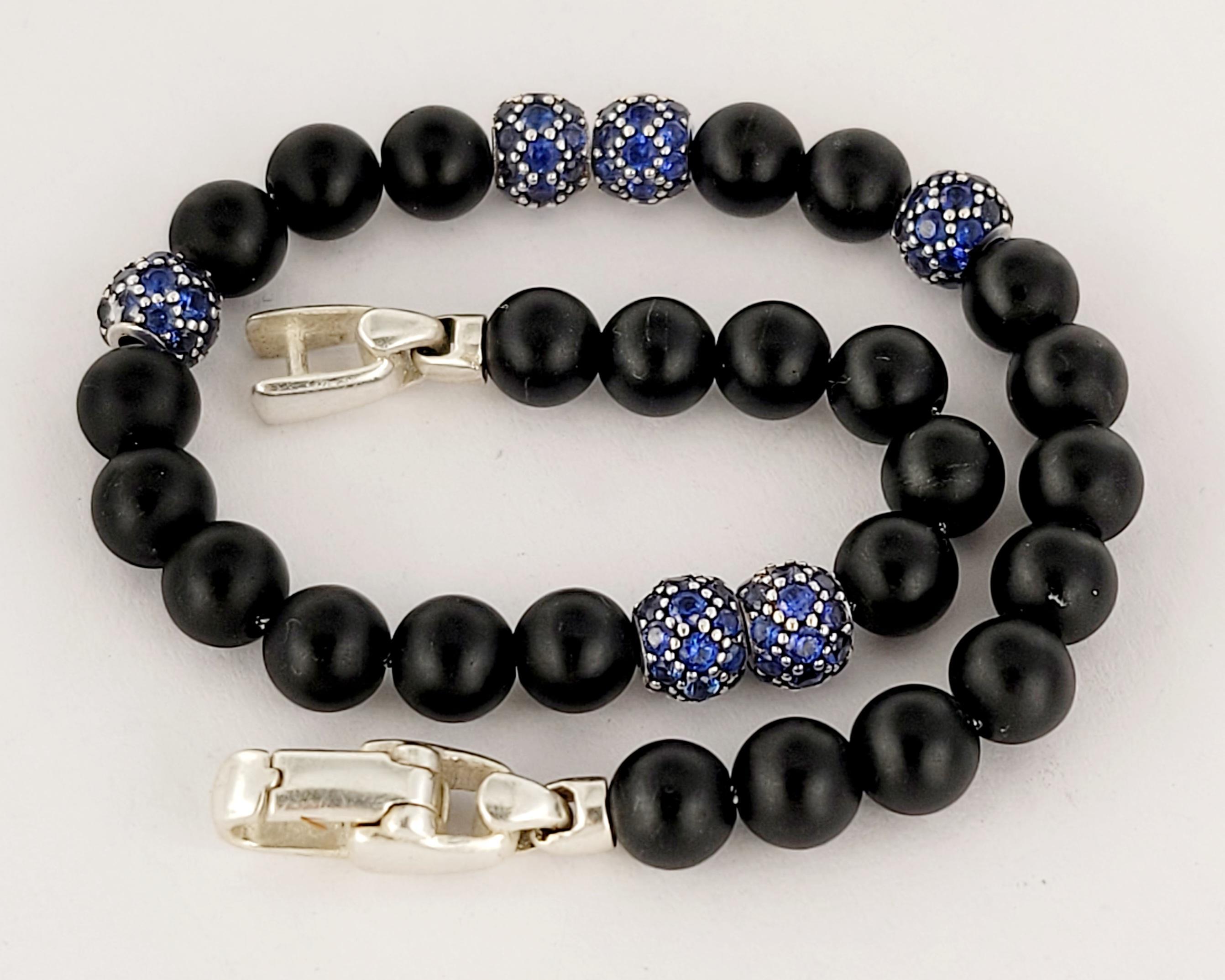 Round Cut Spiritual Beads Bracelet Sterling Silver with Black Onyx and Pave Sapphires, 6mm For Sale