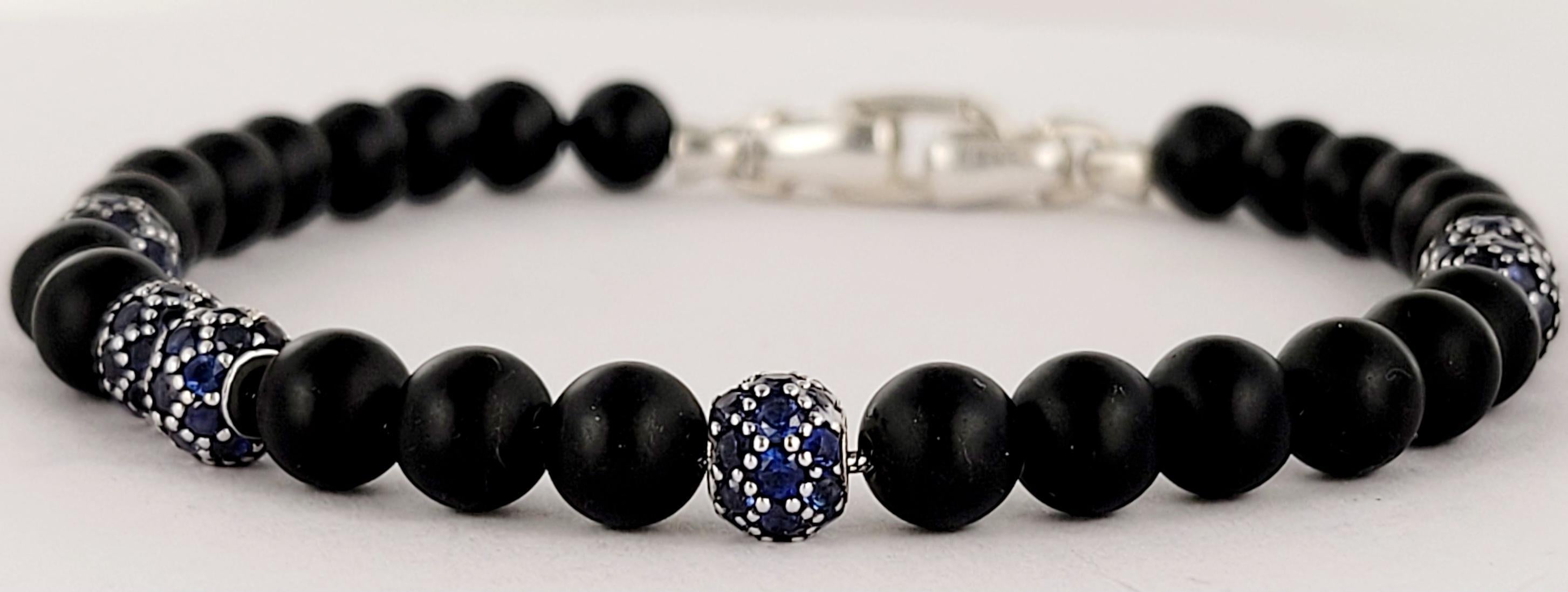 Spiritual Beads Bracelet Sterling Silver with Black Onyx and Pave Sapphires, 6mm In New Condition For Sale In New York, NY