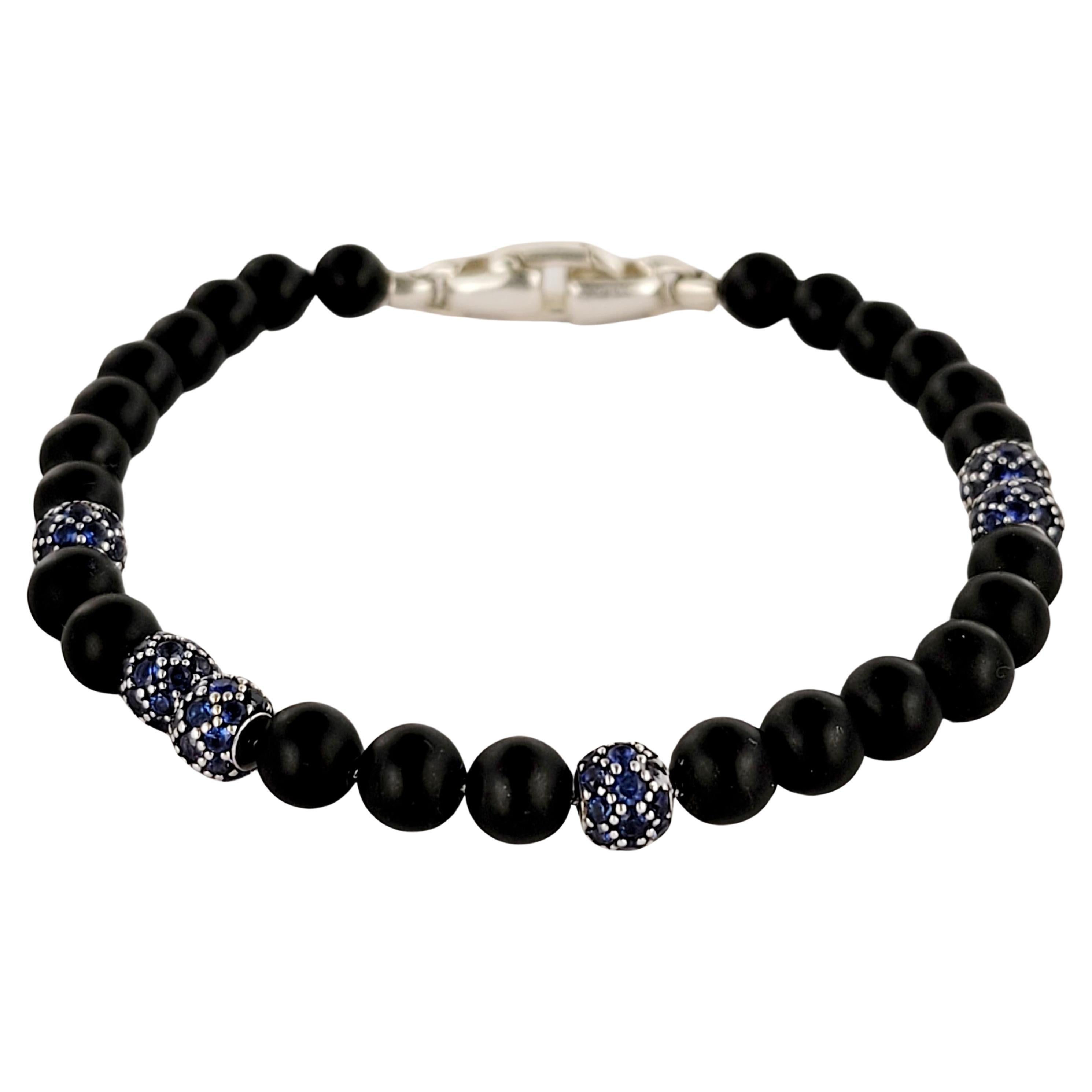 Spiritual Beads Bracelet Sterling Silver with Black Onyx and Pave Sapphires, 6mm For Sale