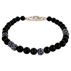 Used Spiritual Beads Bracelet Sterling Silver with Black Onyx and Pave Sapphires, 6mm