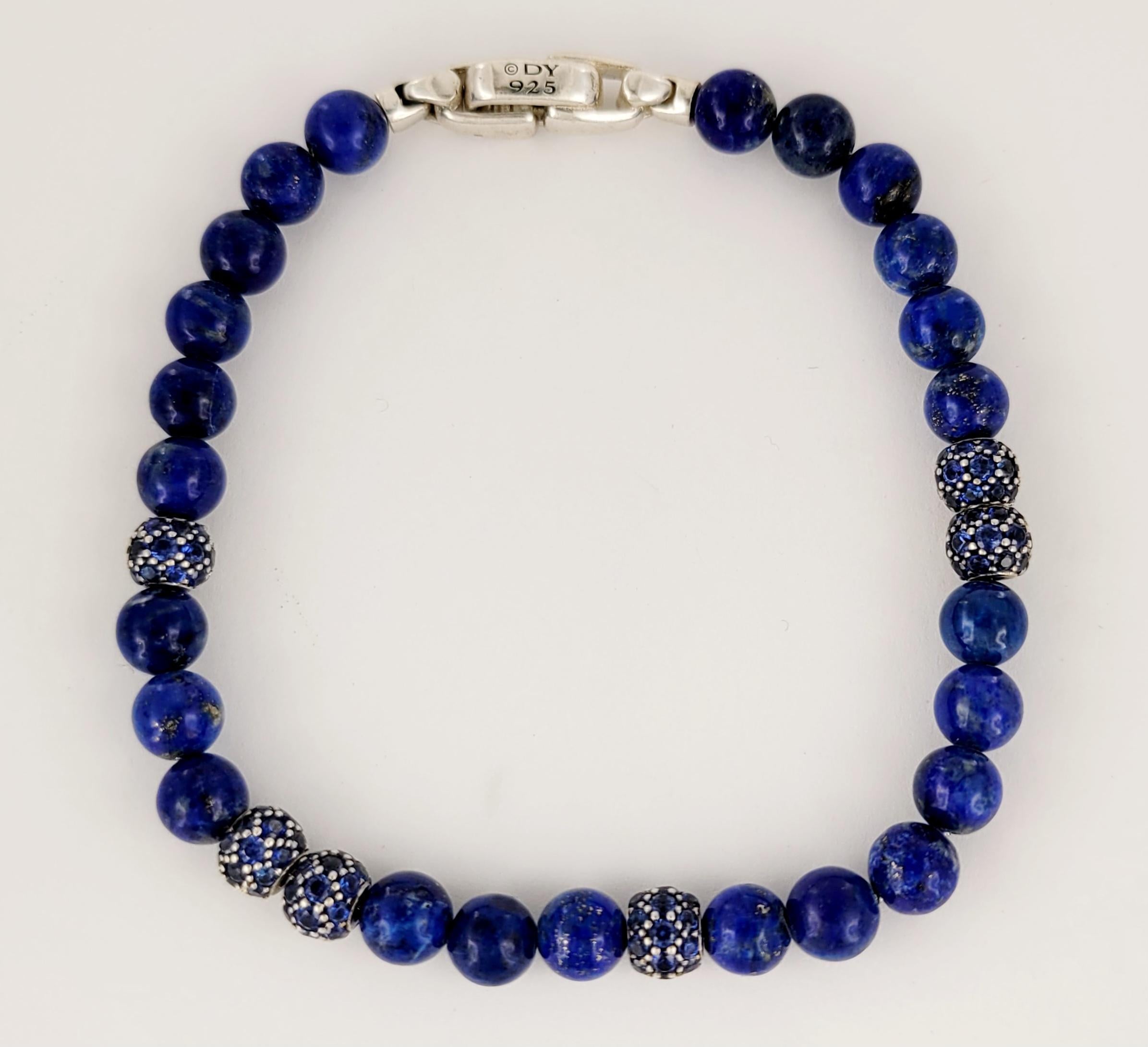 Brand David Yurman
Material Sterling Silver 925
Lapis lazuli
Pave-set sapphires, 4.15 total carat weight
Collection for Men
Beads 6mm
Push Clasp
Size large fits wrists up to 8.5 inch
Comes with David Yurman Pouch 
Retail Price: $ 5,950