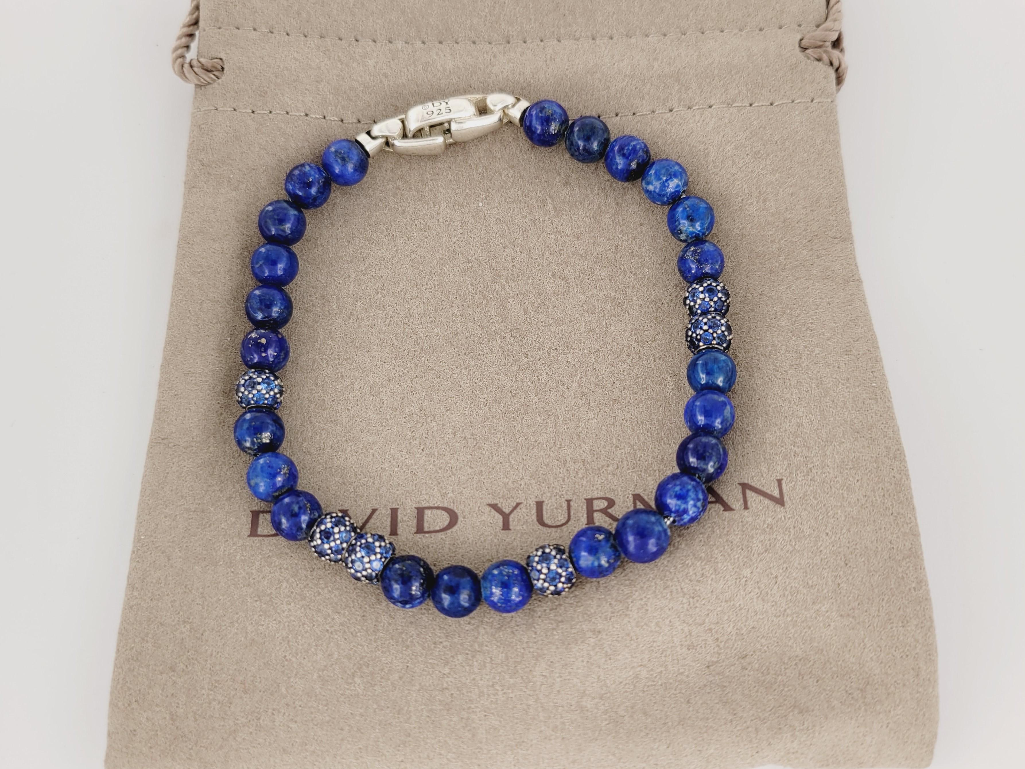 Spiritual Beads Bracelet Sterling Silver with Lapis and Pave Sapphires, 6mm In New Condition In New York, NY