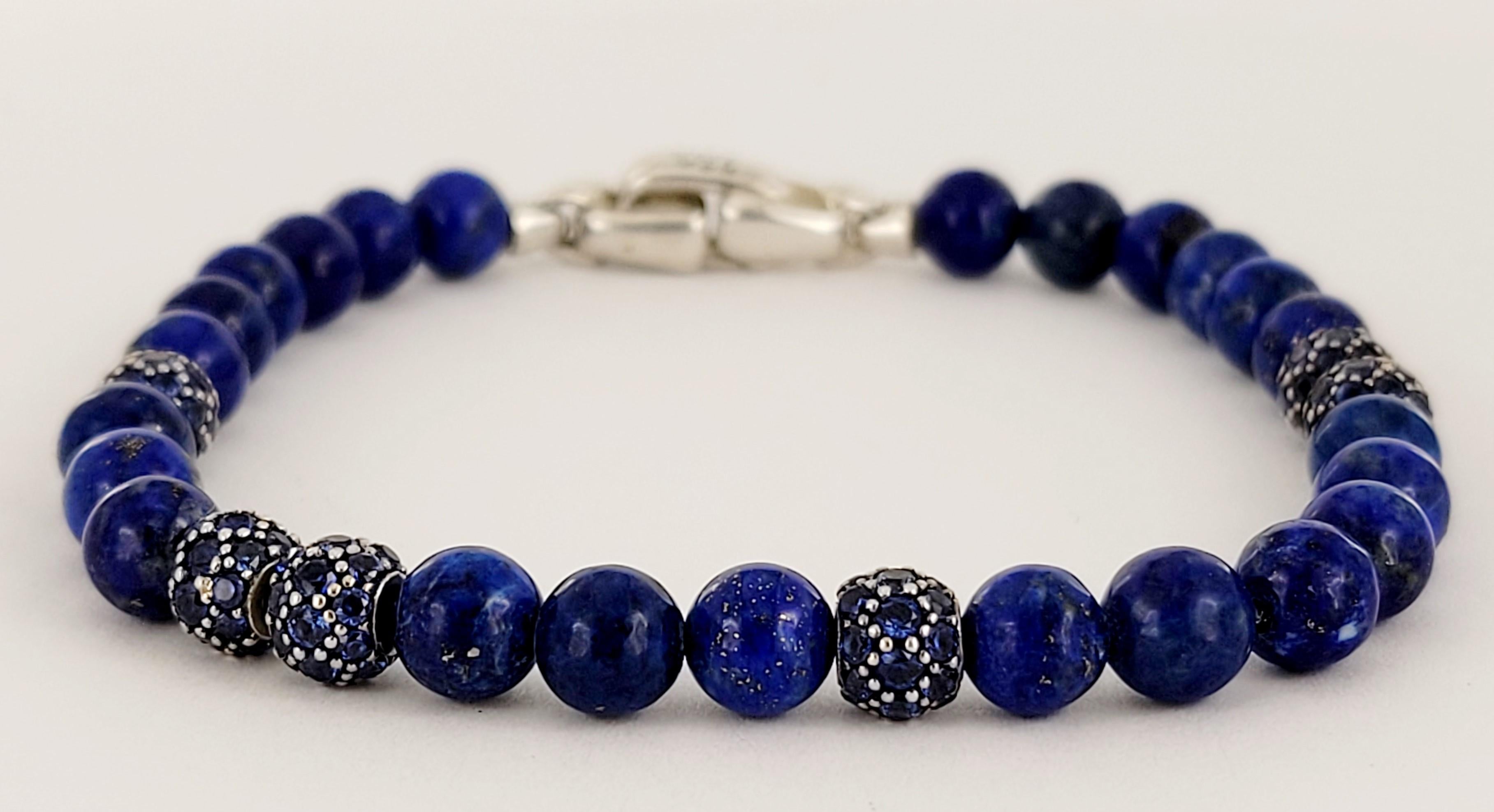 Men's Spiritual Beads Bracelet Sterling Silver with Lapis and Pave Sapphires, 6mm