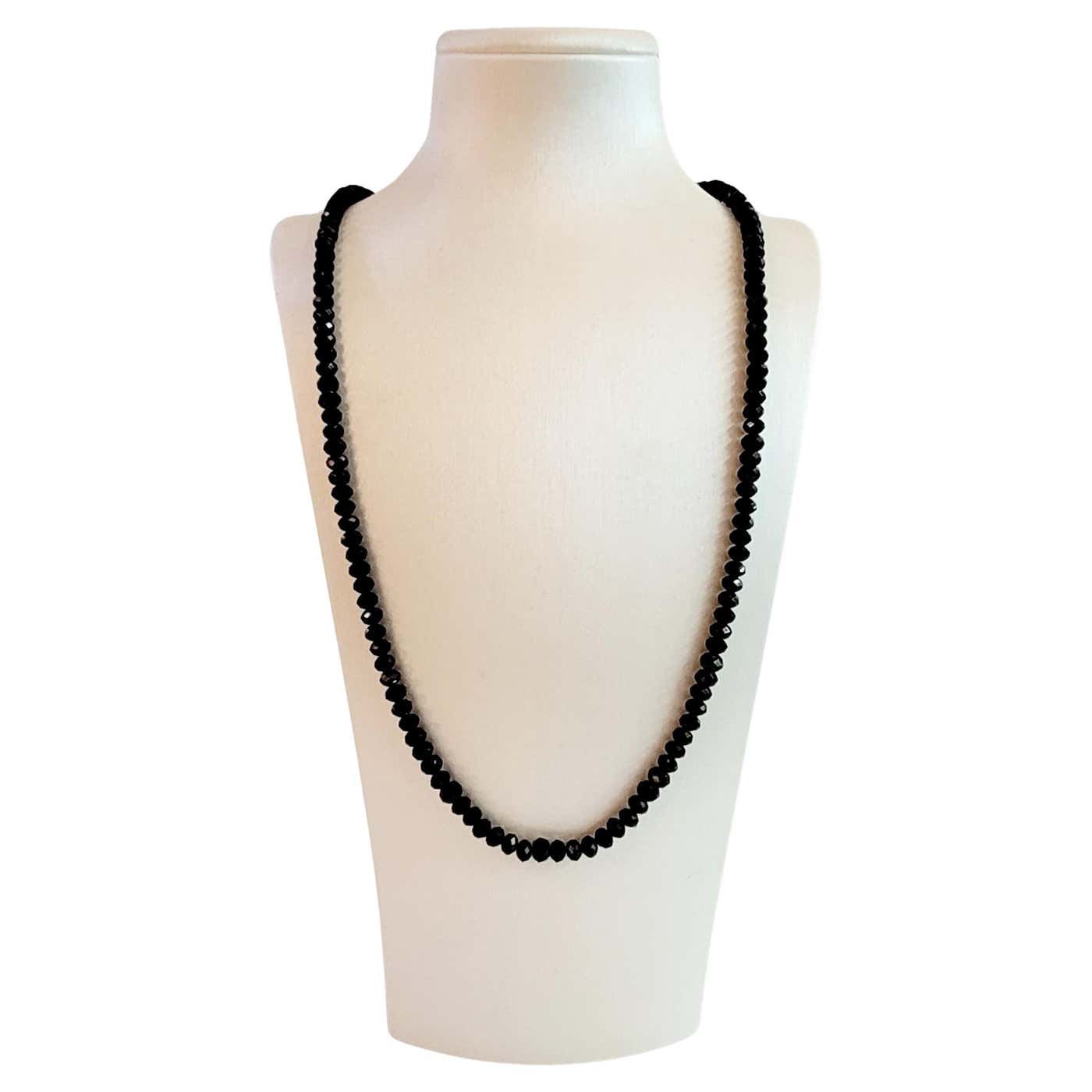 Black Spinel Rondelle Beaded Triple Strand 20 Necklace in Rhodium over Black Spinel Rondelle Beaded Triple Strand 20 Necklace in Rhodium over