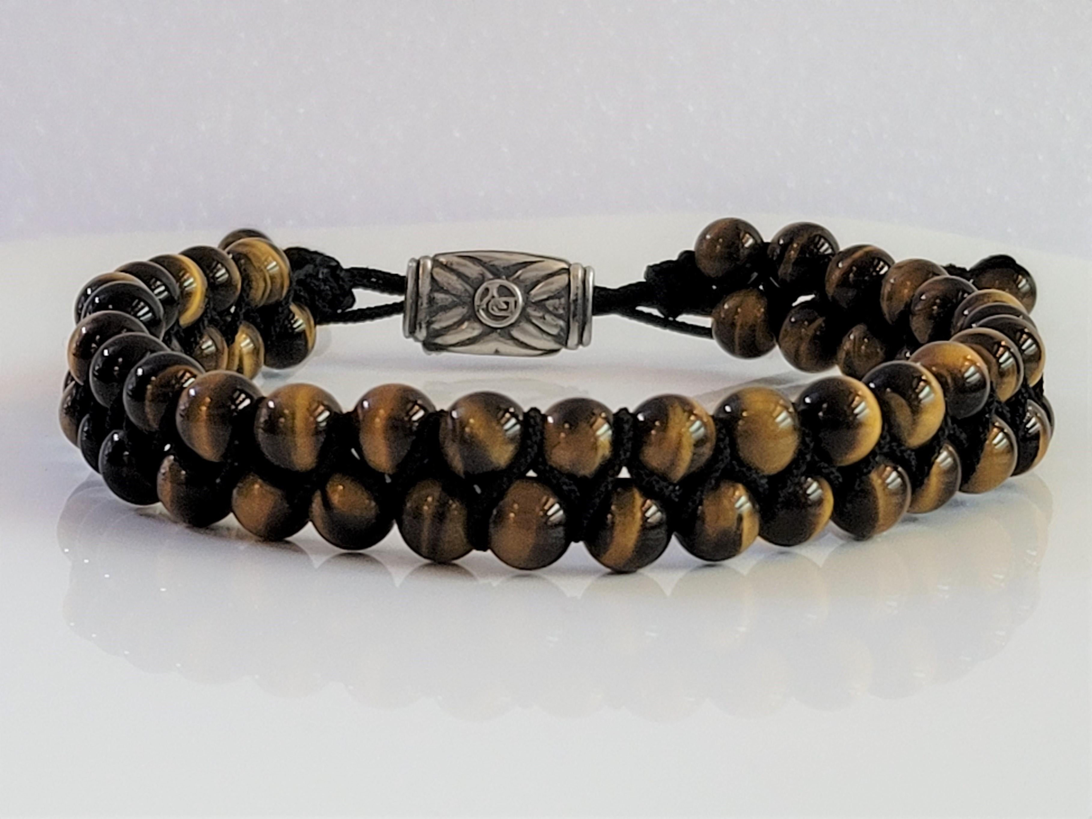 Spiritual Beads Two Row Woven Bracelet Tiger’s Eye with Sterling Silver, 6mm In New Condition In New York, NY