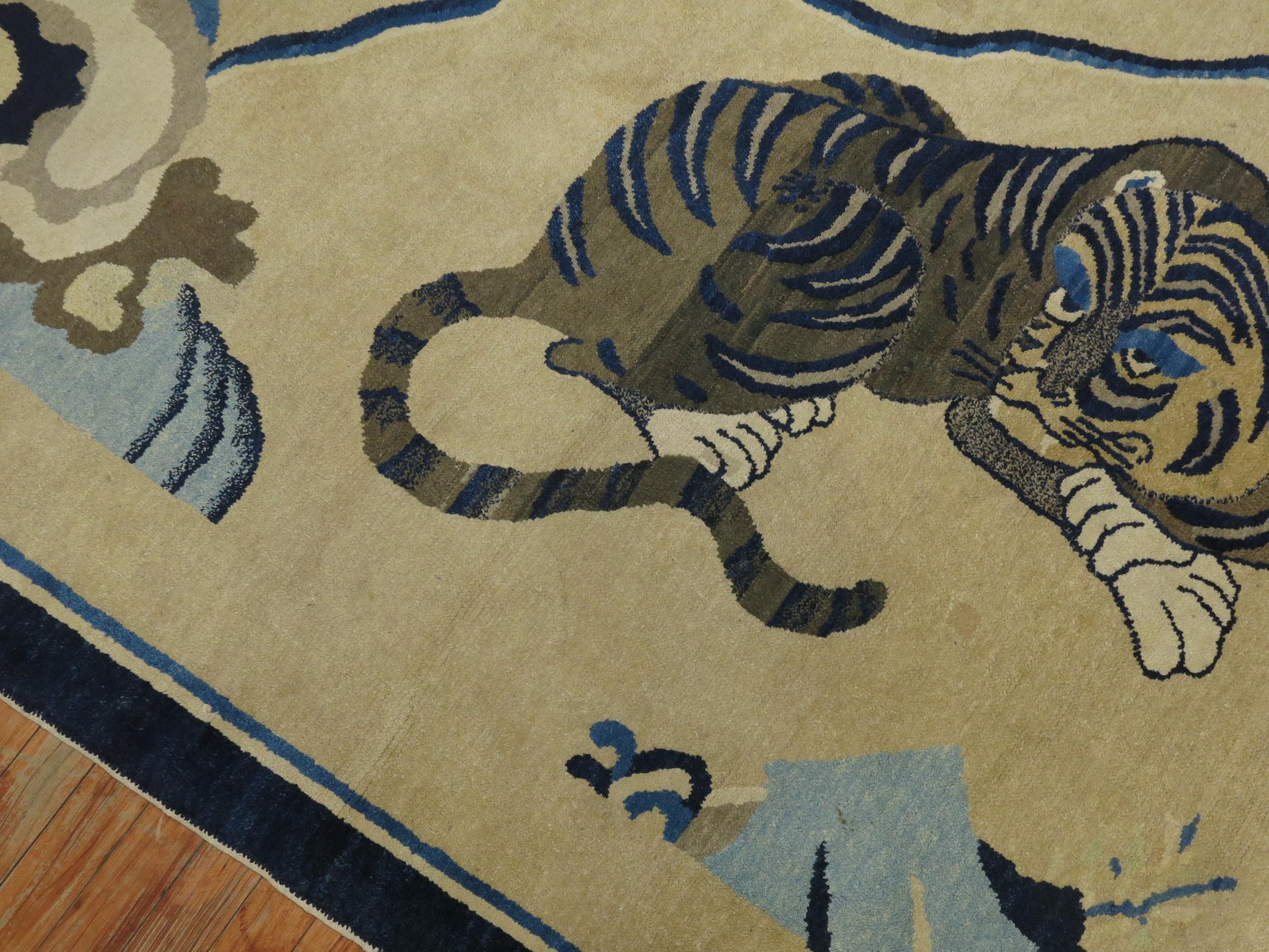 Hand-Woven Spiritual Chinese Antique Tiger Pictorial Rug, Dated 1926 For Sale