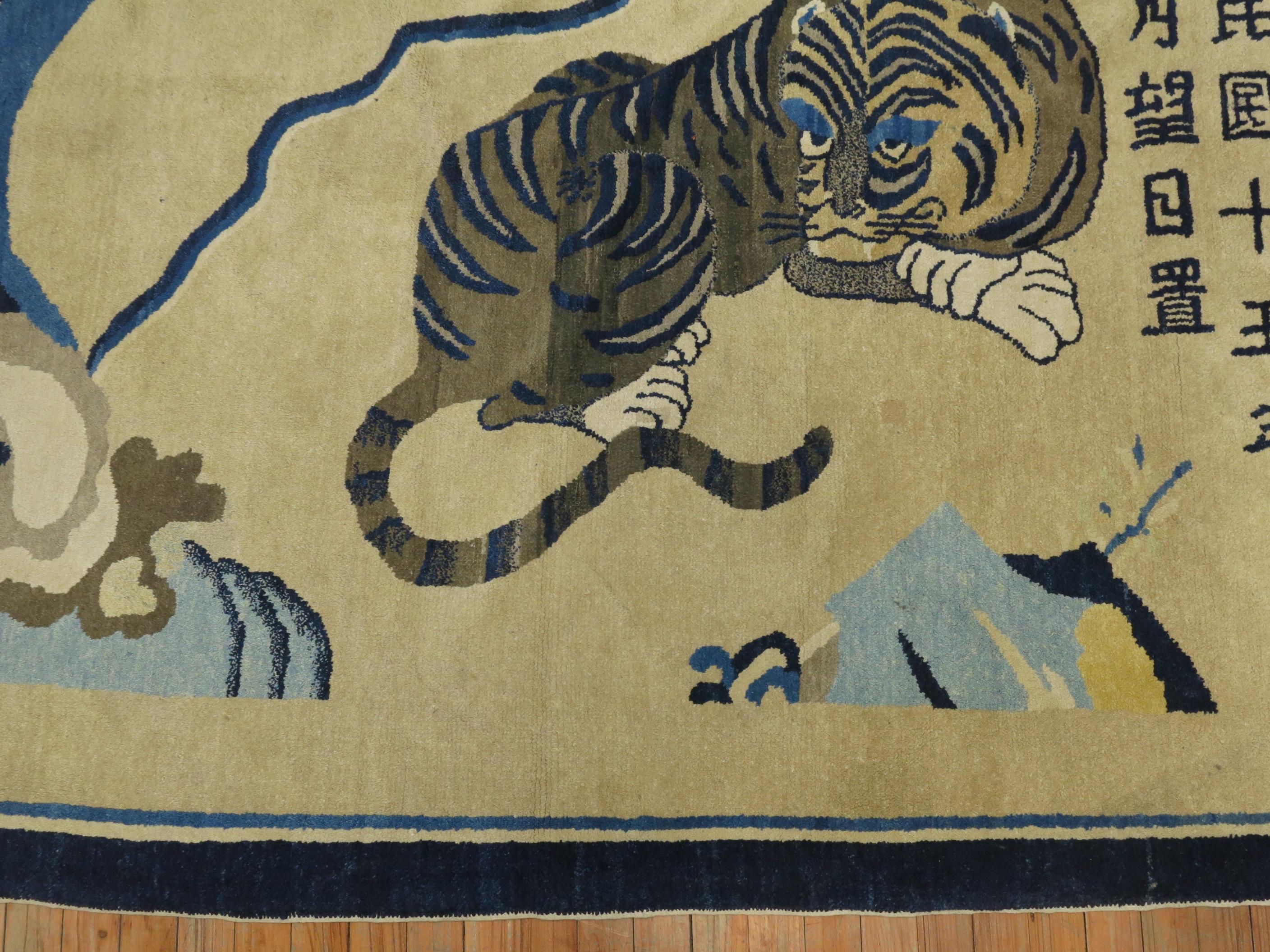 Early 20th Century Spiritual Chinese Antique Tiger Pictorial Rug, Dated 1926 For Sale