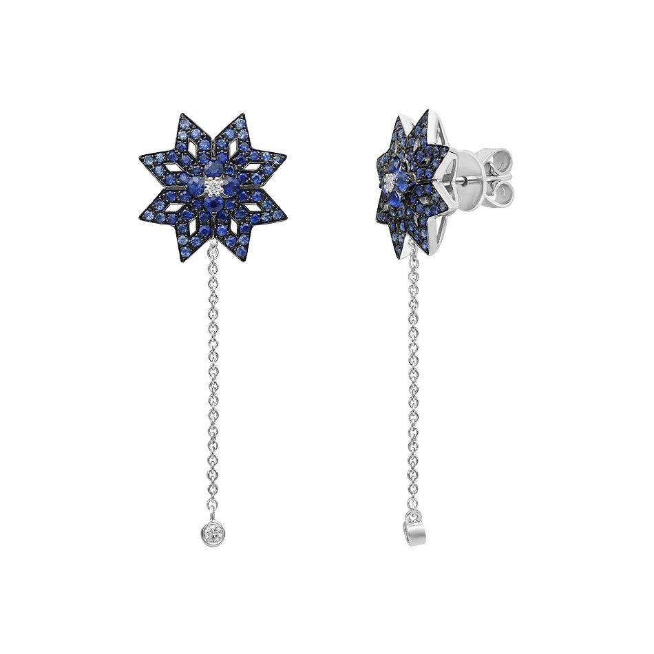 Boucles d'oreilles pendantes en or blanc avec saphir bleu étoilé et diamant blanc, bijou spirituel en vente
