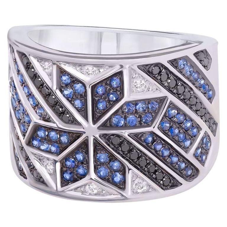 Joyería Espiritual Estrella Zafiro Azul Diamante Blanco Anillo de Oro Blanco