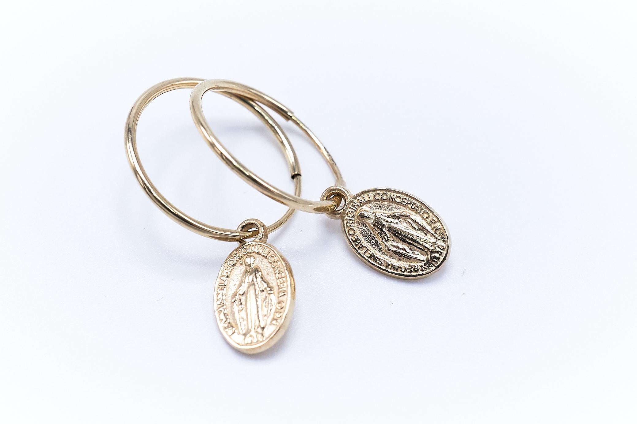 Contemporary Spiritual Religious Earrings Virgin Mary Hoop 14 Karat Gold For Sale