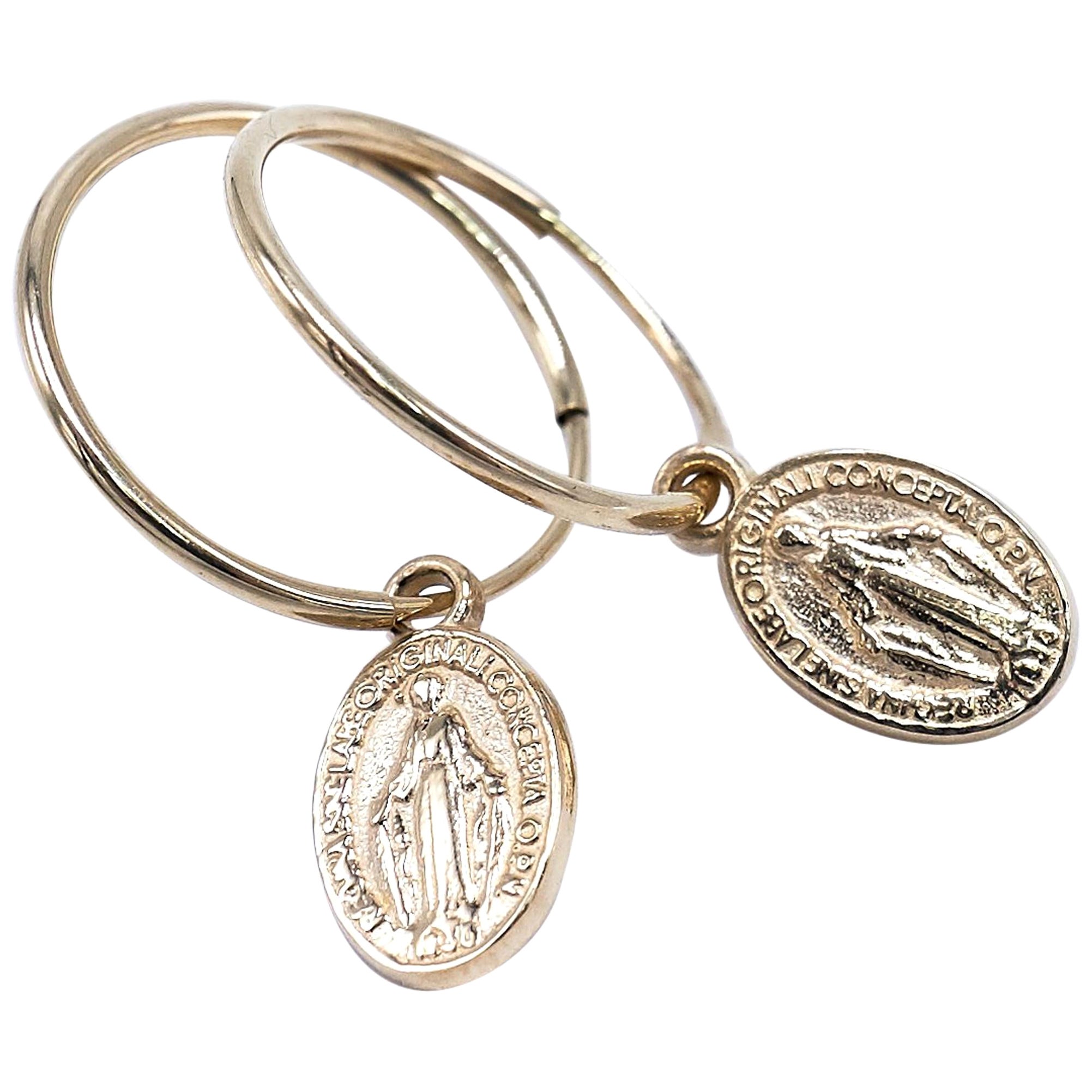 Spiritual Religious Earrings Virgin Mary Hoop 14 Karat Gold For Sale