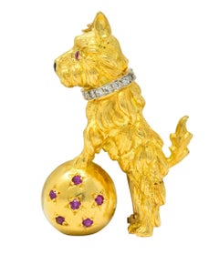 Spitzer & Furman Retro 18 Karat Yellow Gold Diamond Ruby Dog and Ball Brooch