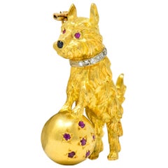 Spitzer & Furman Vintage 18 Karat Yellow Gold Diamond Ruby Dog and Ball Brooch