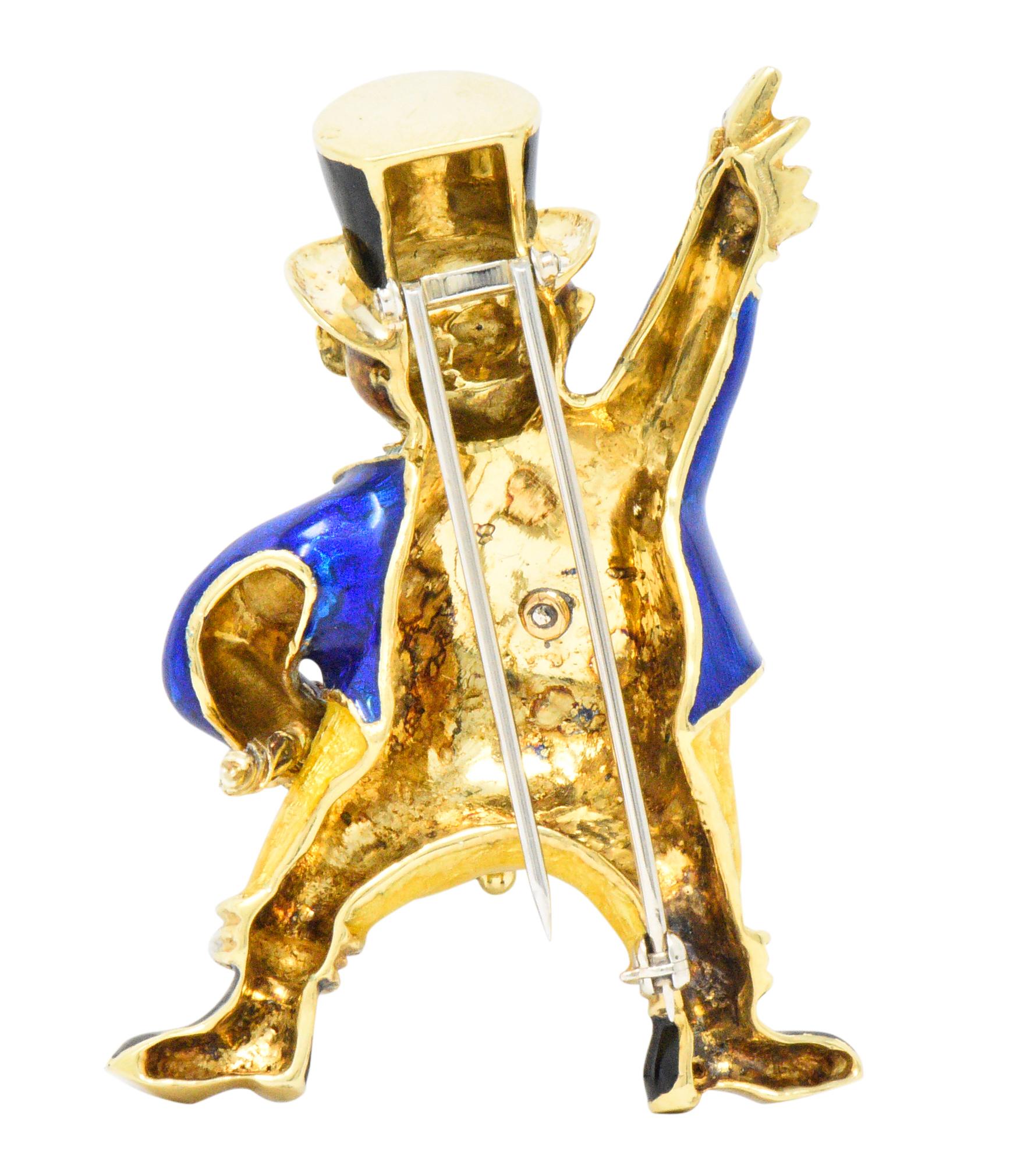 Spritzer & Fuhrmann Retro Diamond Enamel 18 Karat Gold Circus Ring Master Brooch In Good Condition In Philadelphia, PA