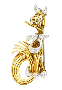 Spitzer & Furman Vintage Diamond Emerald Platinum 18 Karat Gold Cat Brooch