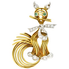 Spitzer & Furman Vintage Diamond Emerald Platinum 18 Karat Gold Cat Brooch