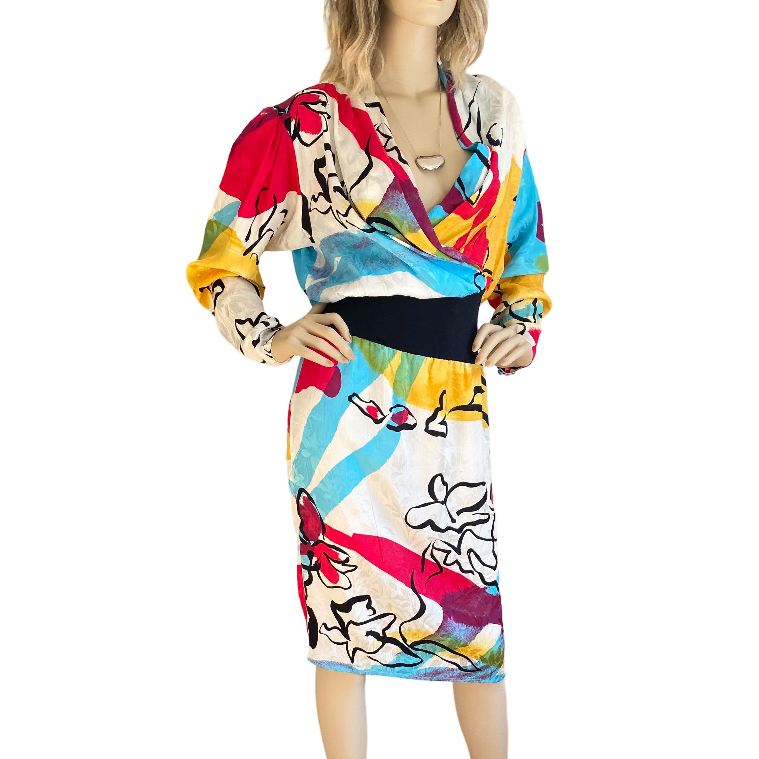 Splash abstract printed silk jacquard and silk knit waist.
Approximate measurements for this size 8: 46