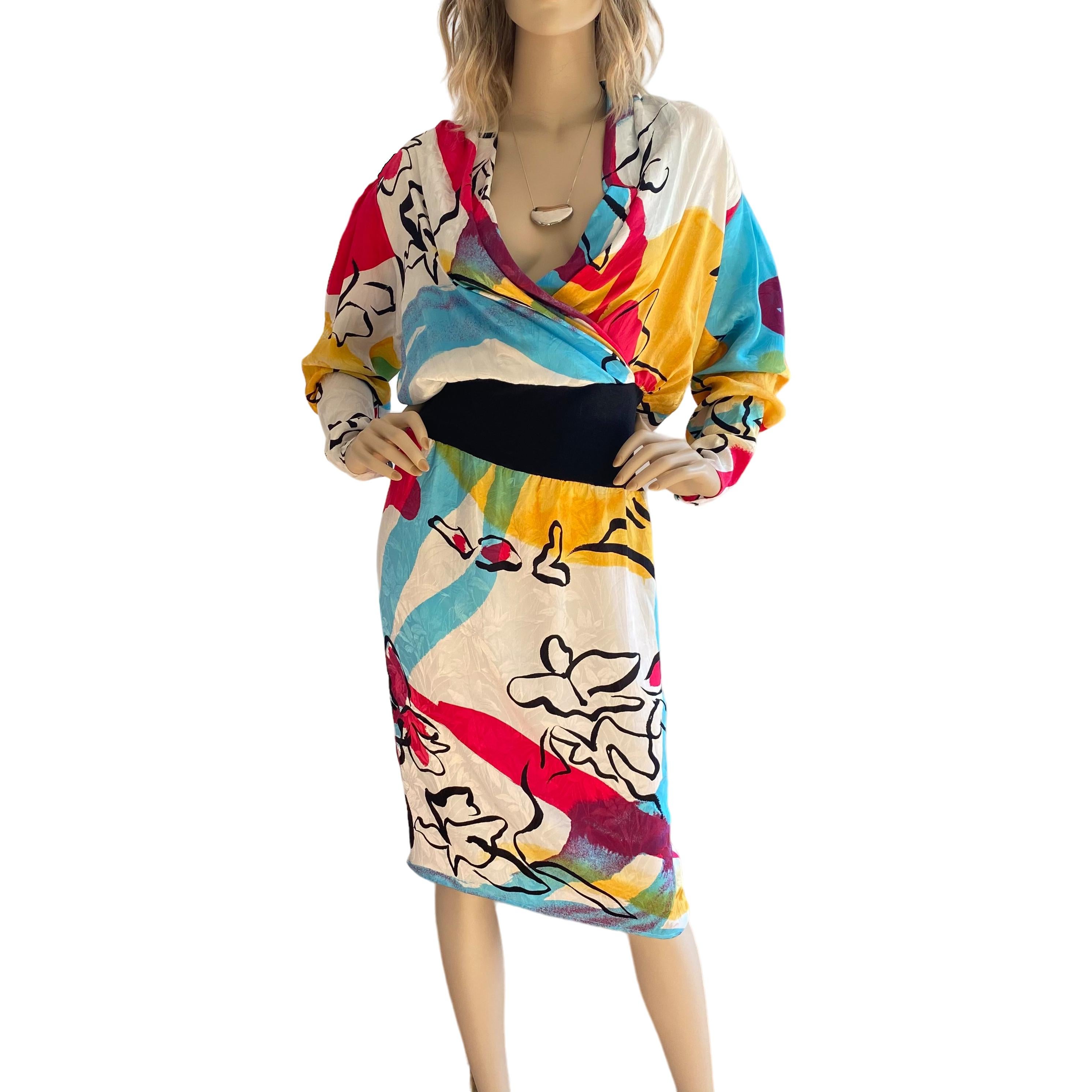 Splash Print Silk Long Sleeve Dress -  NWT Flora Kung  In New Condition For Sale In Boston, MA