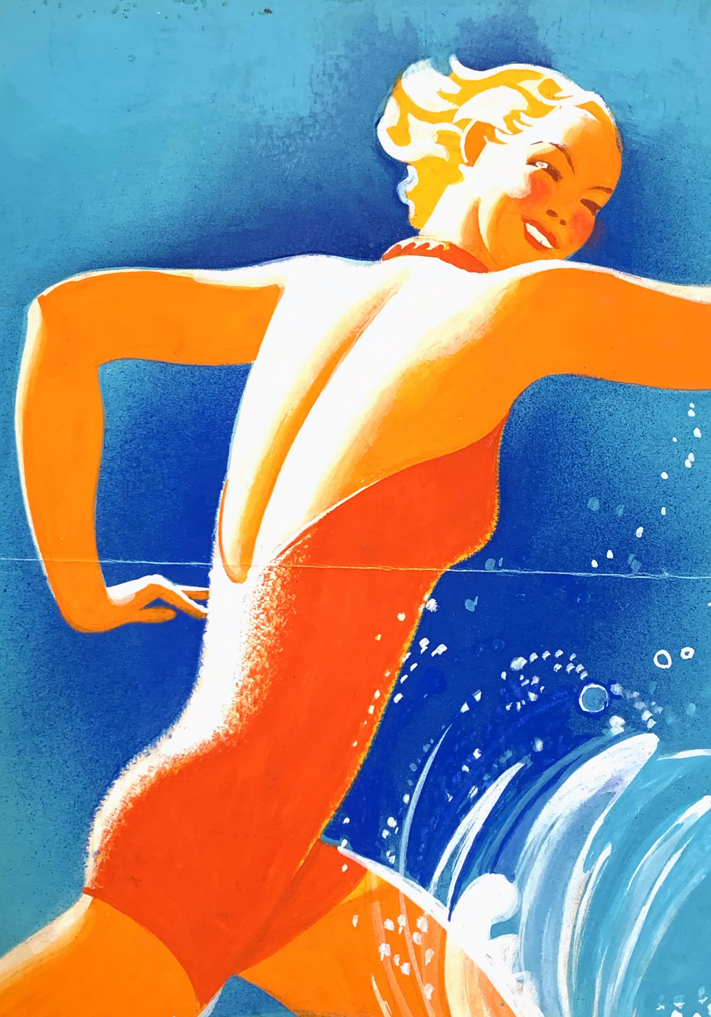 Painted in vivid, glowing colors by Robin Artine Smith, this depiction of a 1940-era blonde in a tangerine-hued swimsuit striding into the surf is a superb example of sophisticated, high-energy Art Deco graphic art. Probably painted for a poster or
