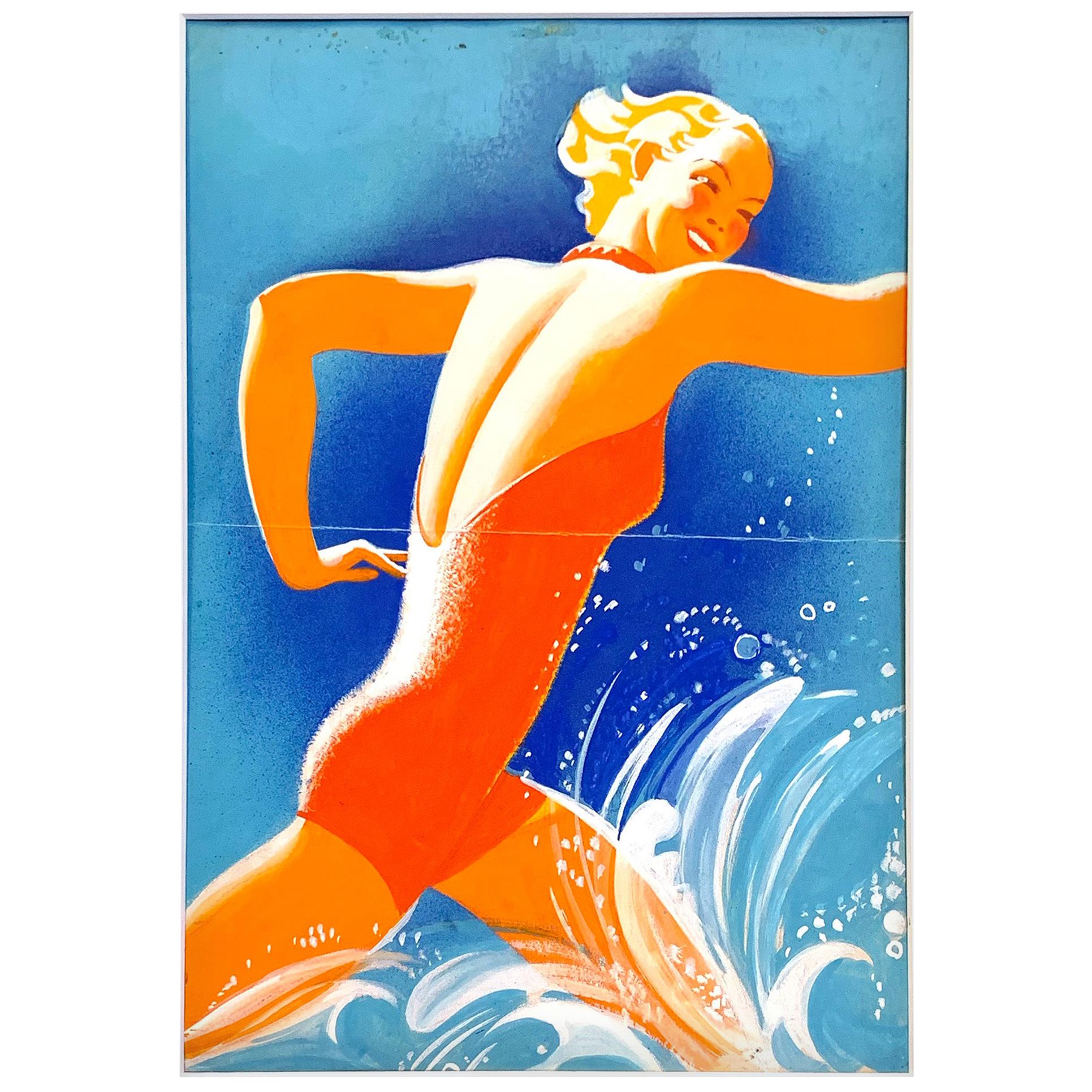 "Splashing in the Waves," Art Deco Seaside Painting by Texas Artist