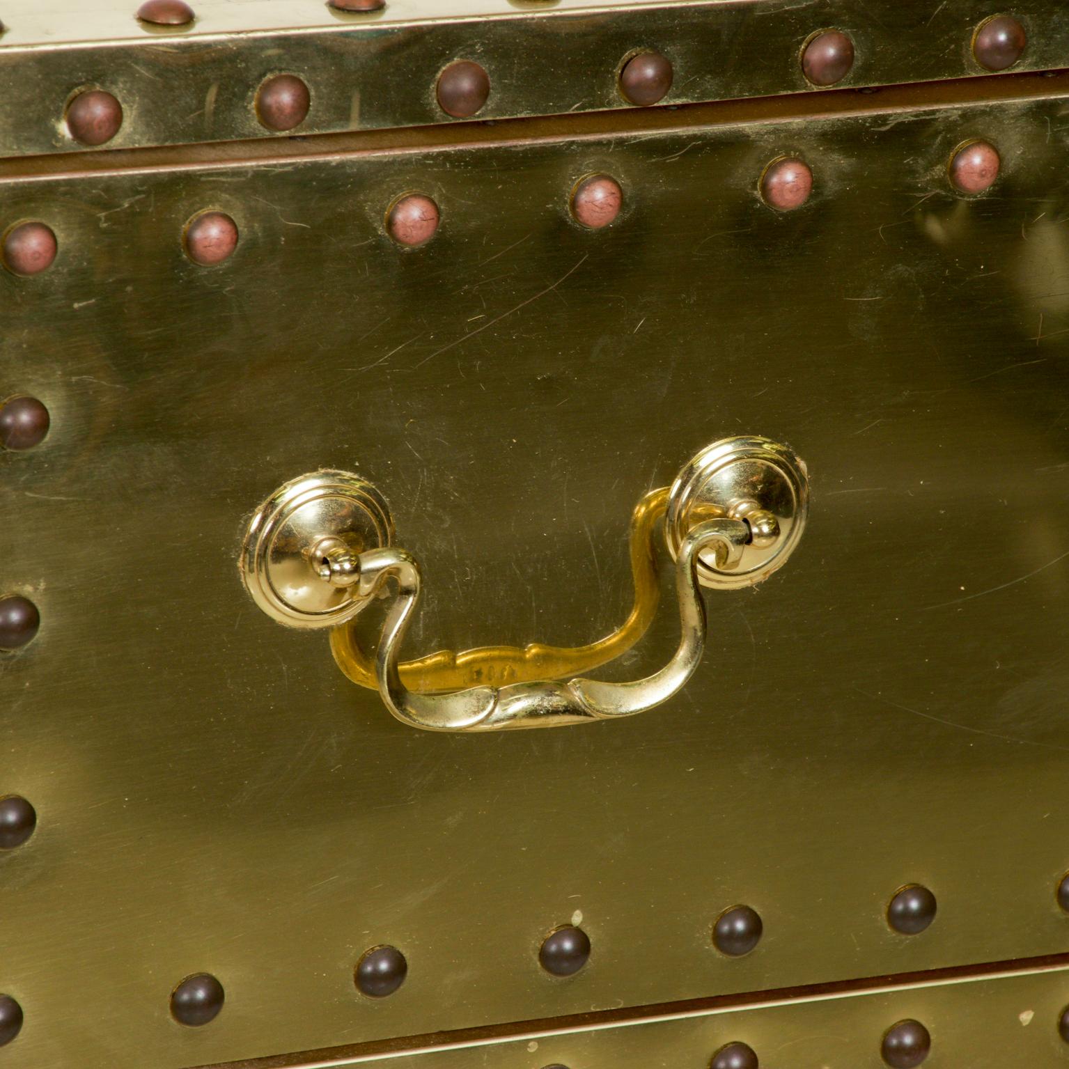 Regency Studded Gold BRASS Highboy Dresser Chest SARREID Ltd Spain 1970s In Good Condition In Chula Vista, CA