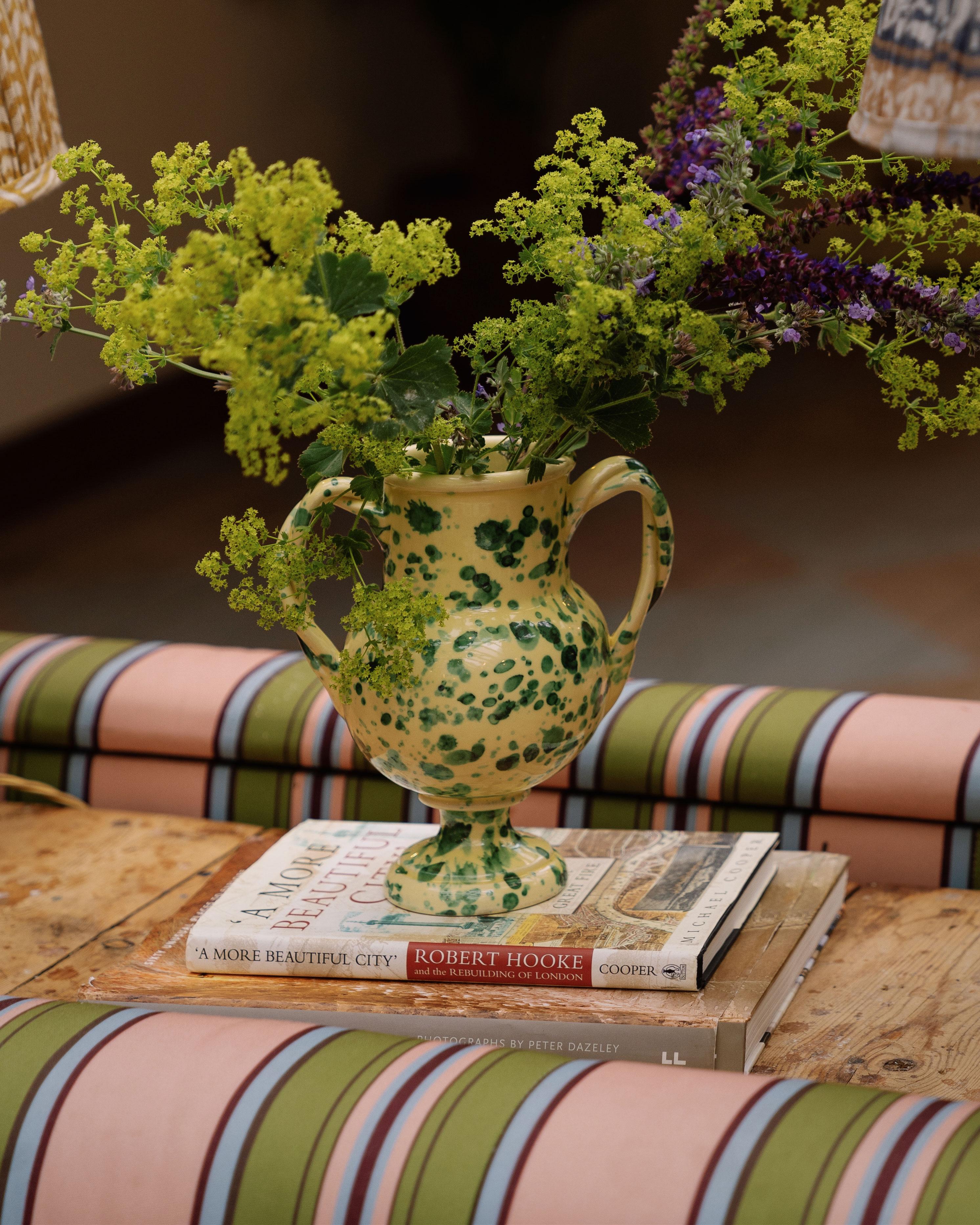 Contemporary Splatter Vase, ceramic, greek urn inspired, Green