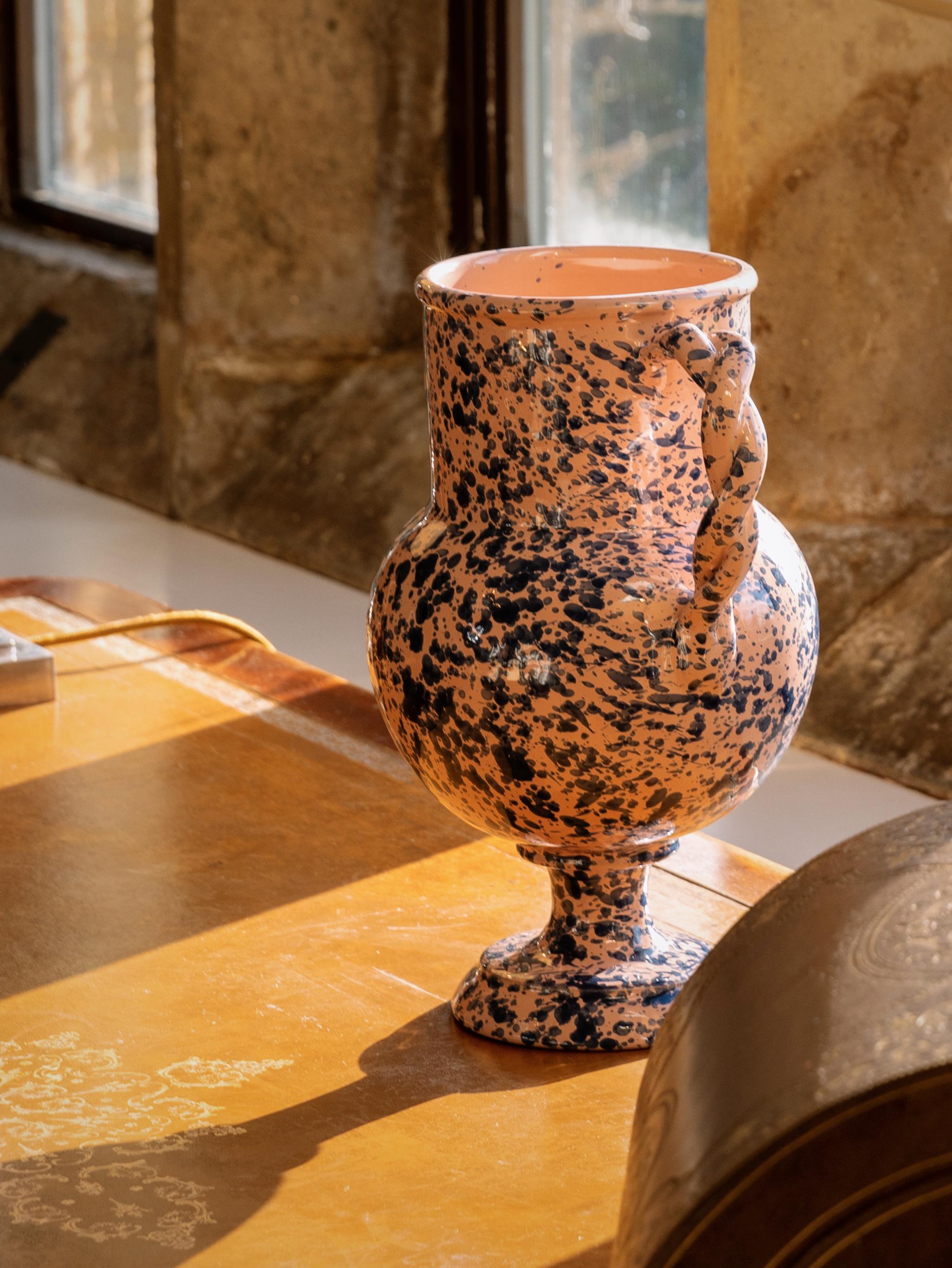 Italian Splatter Vase, ceramic, greek urn inspired, Large, Pink and Blue For Sale