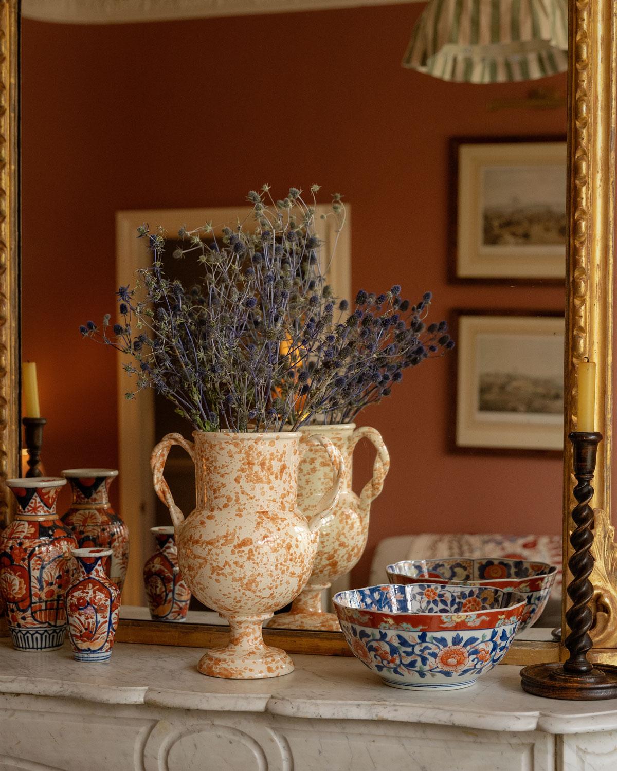 Italian Splatter Vase, ceramic, greek urn inspired, Large, Tan