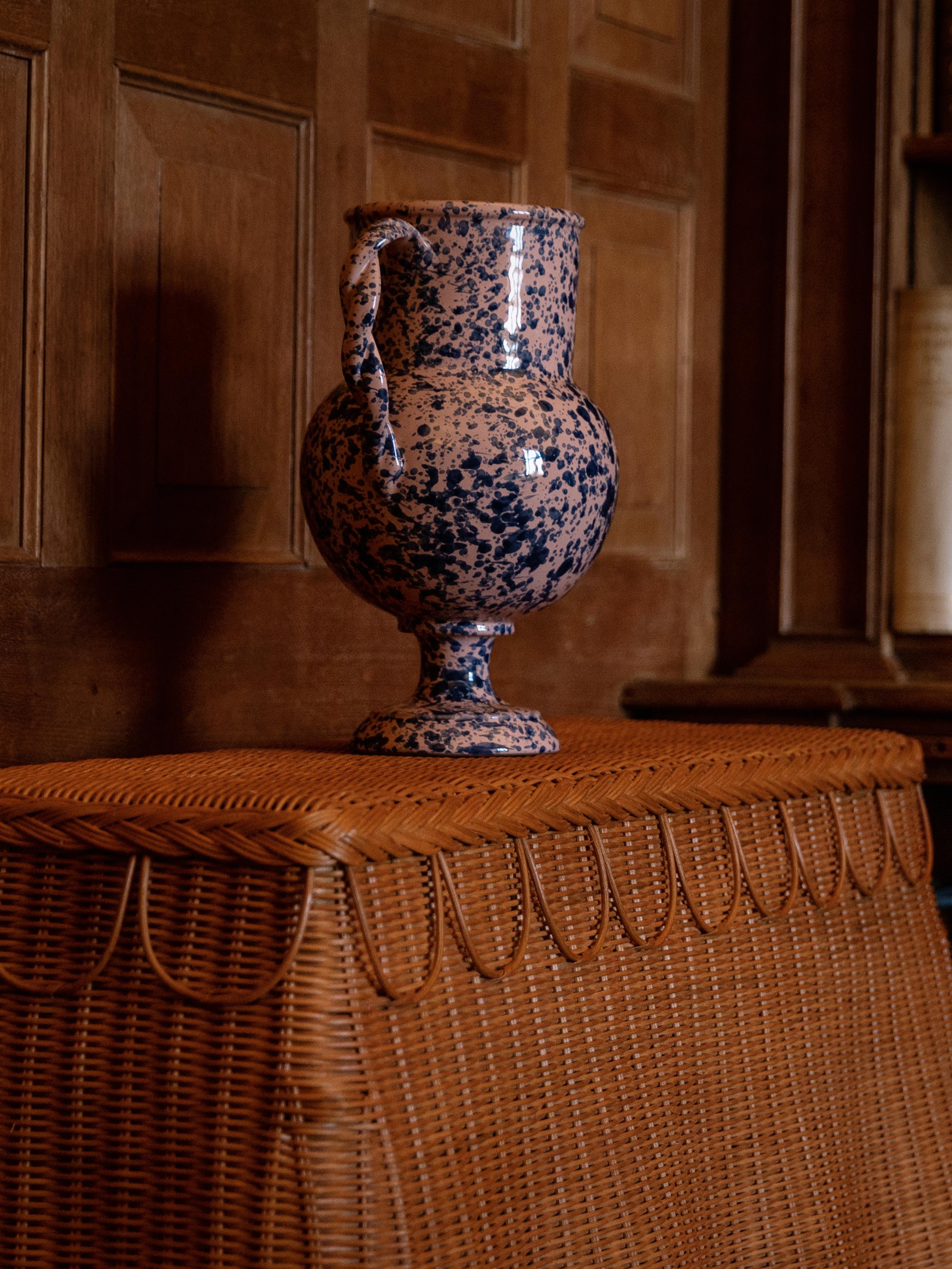 Italian Splatter Vase, ceramic, greek urn inspired, Pink and Blue For Sale