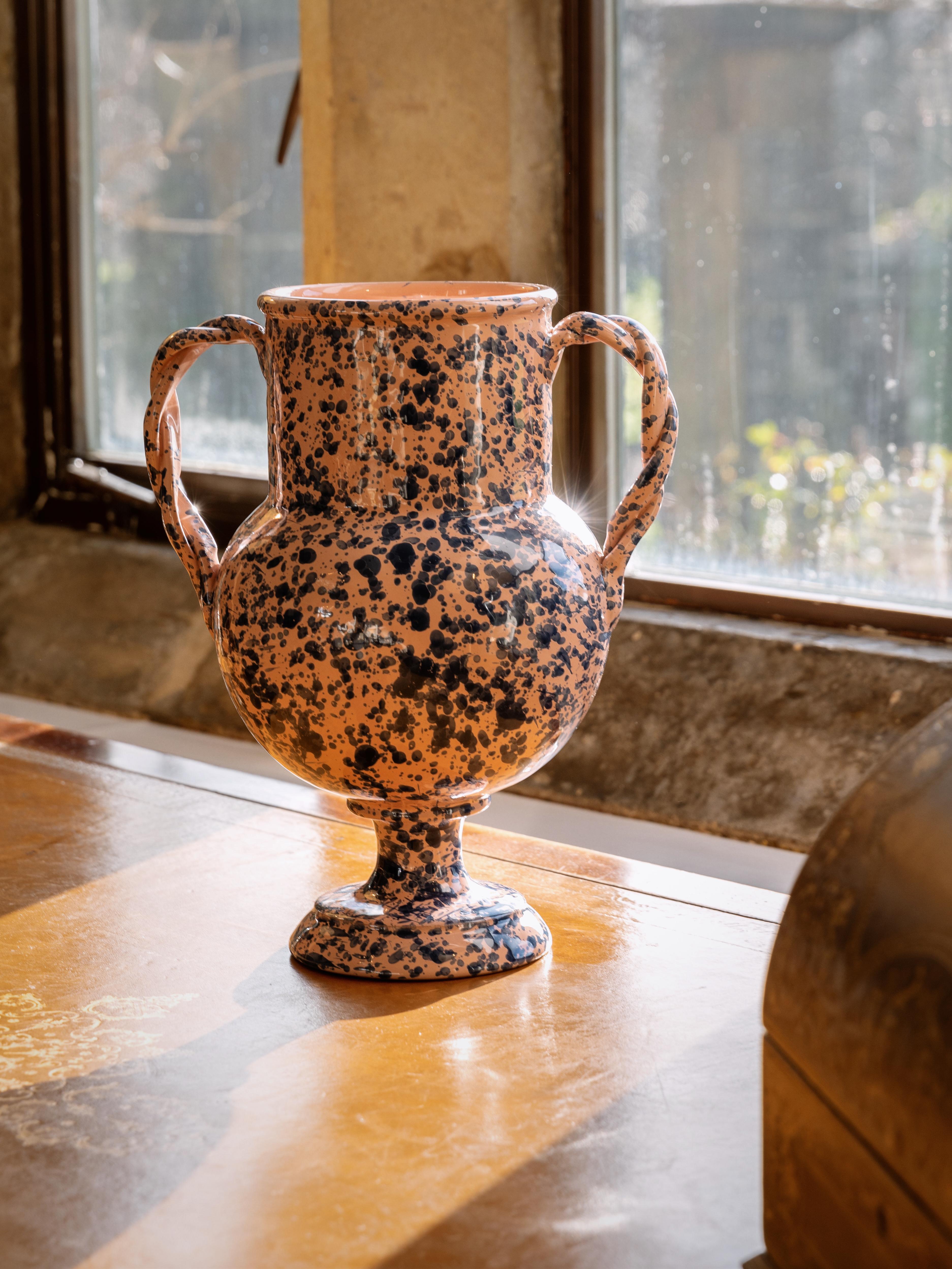 Italian Splatter Vase, ceramic, greek urn inspired, Pink and Blue For Sale