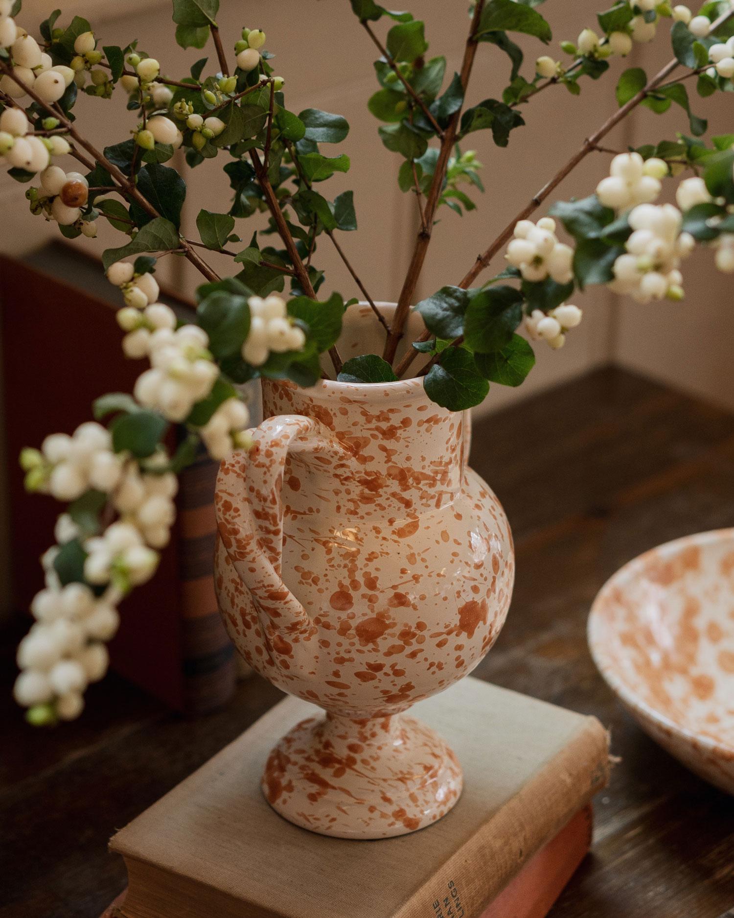 Italian Splatter Vase, ceramic, greek urn inspired, Tan