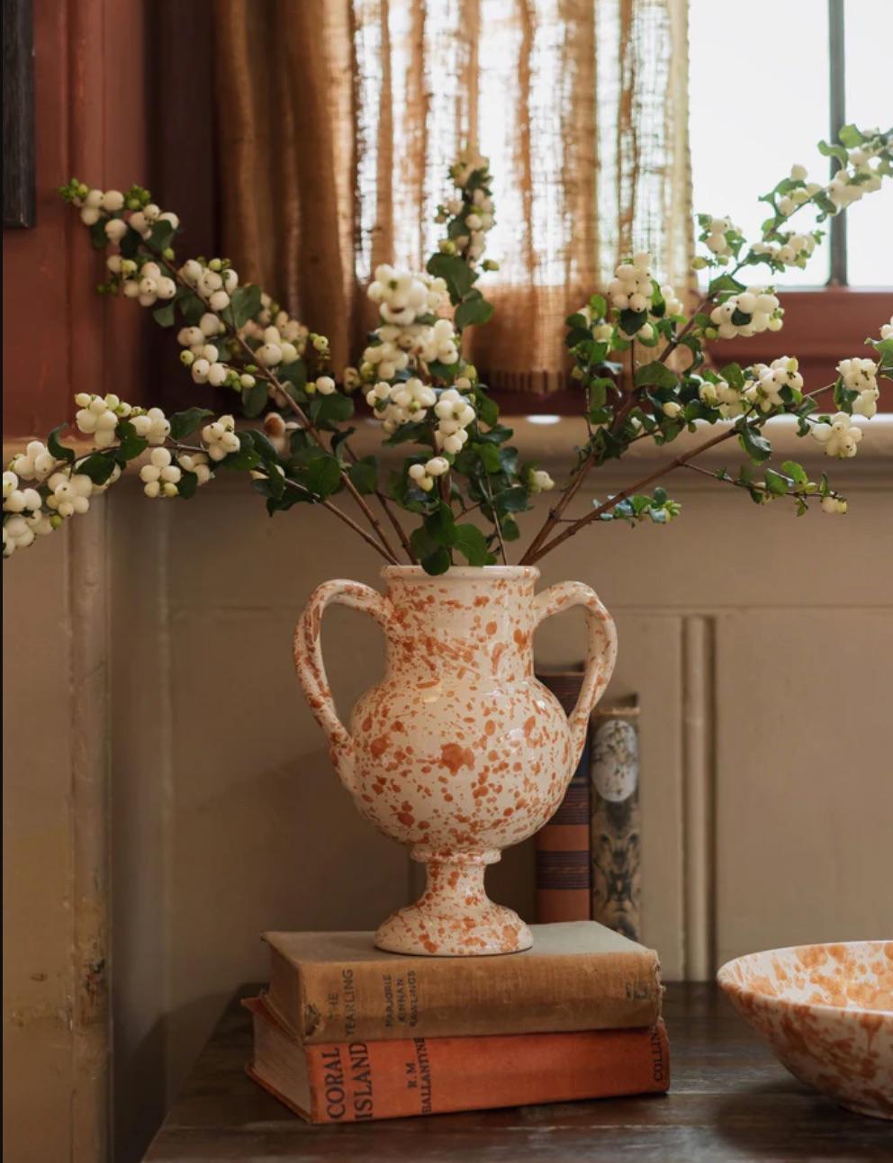 Italian Splatter Vase, ceramic, greek urn inspired, Tan & Ivory For Sale
