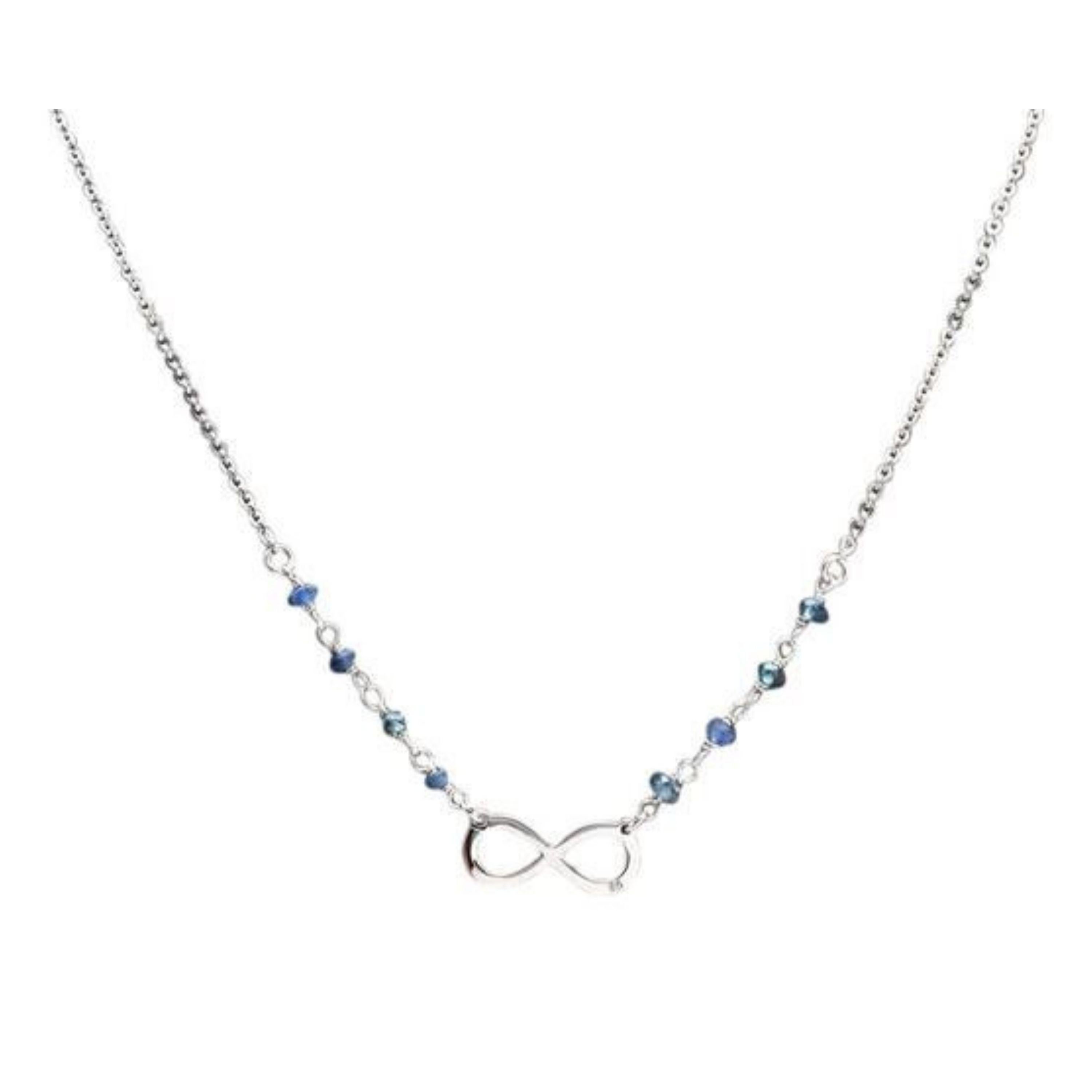 Mixed Cut 14k Solid White Gold Infinity Necklace with Natural Diamond Accent and Sapphires For Sale