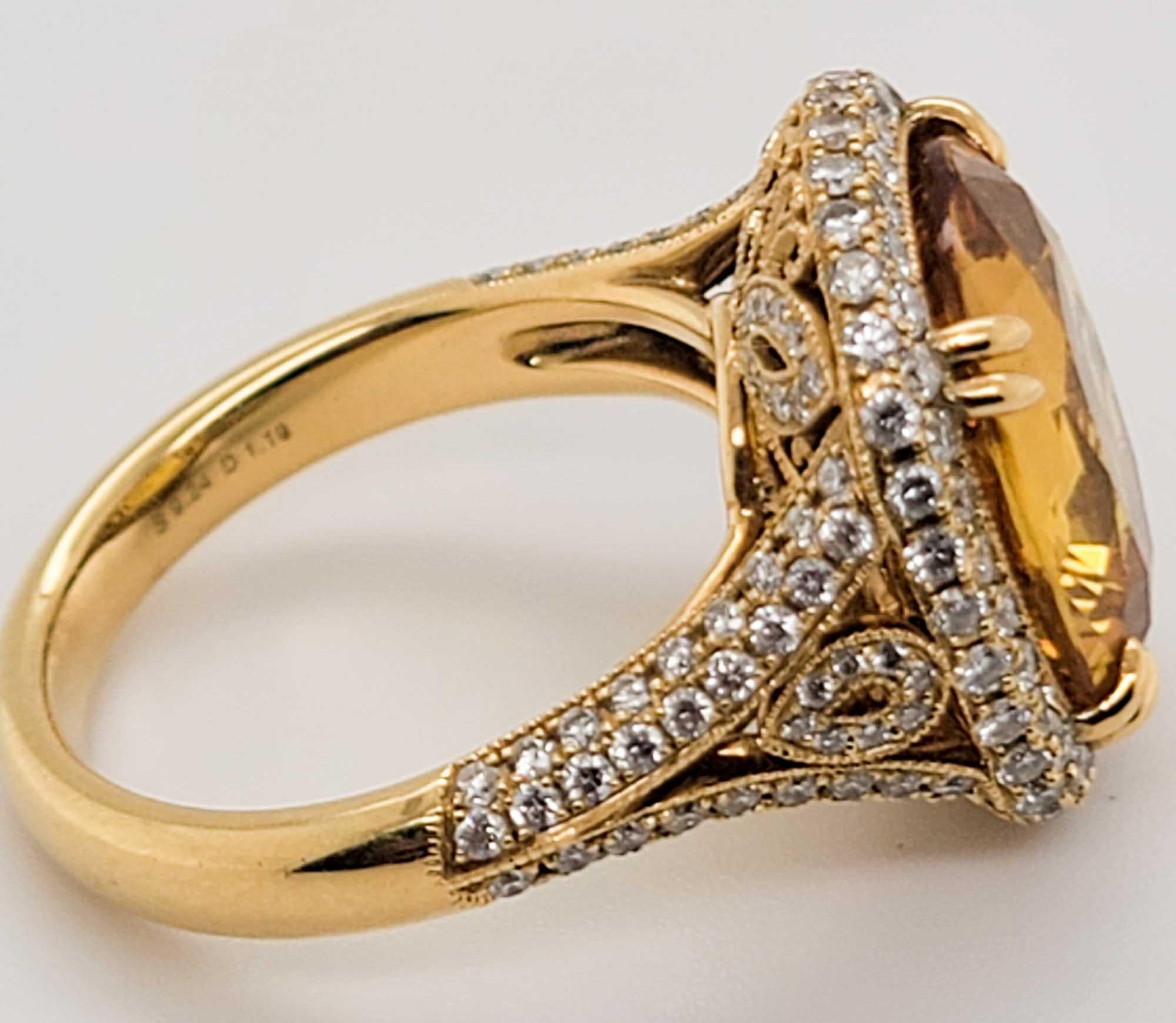A cocktail ring that features a yellow sapphire that is approximately 9.24 carats accented with 1.19 carats of diamonds set in 18 Karat Yellow Gold. 

Sophia D by Joseph Dardashti LTD has been known worldwide for 35 years and are inspired by classic