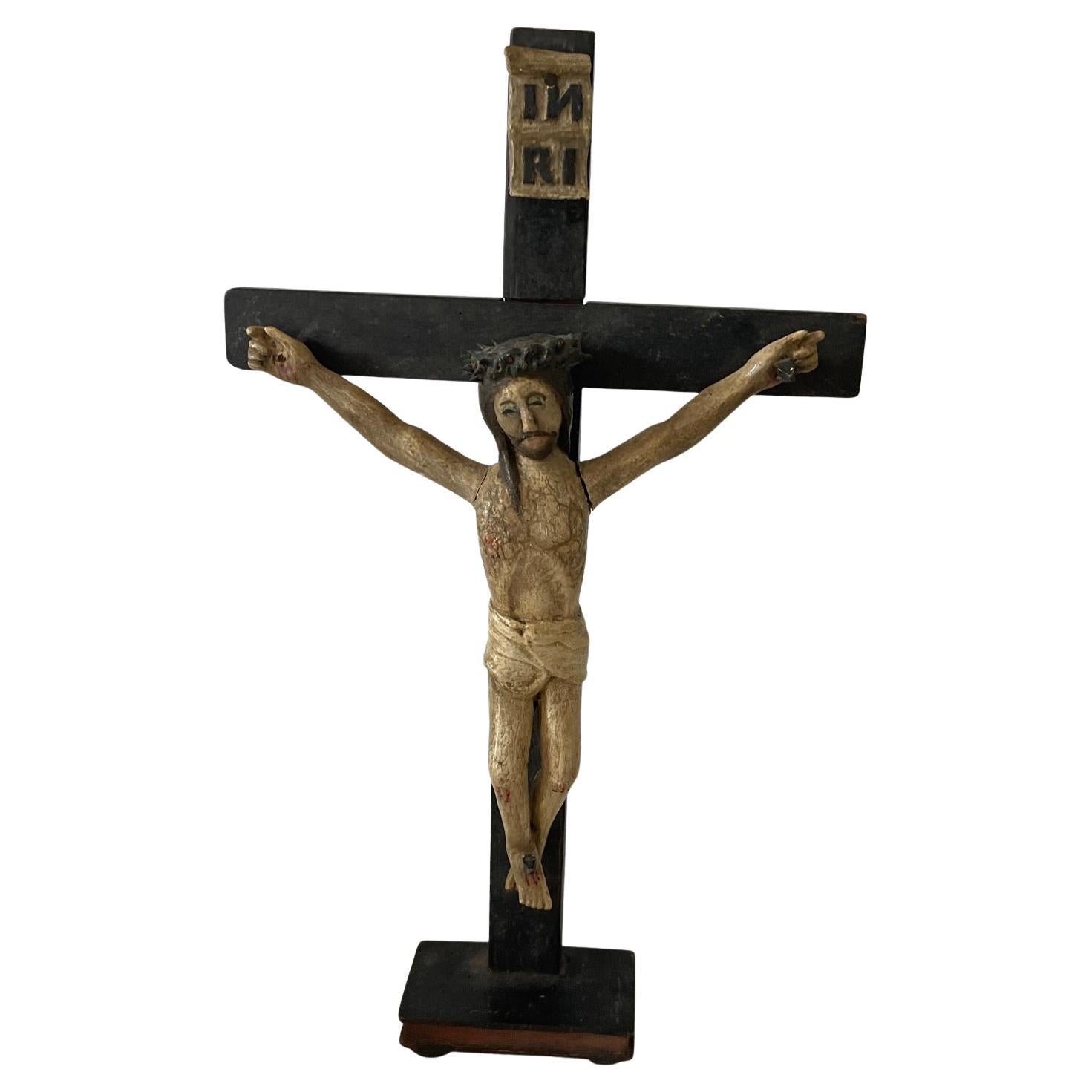 Splendid 1820 Naive Folk Art Crucifixion European Polychrome Wood