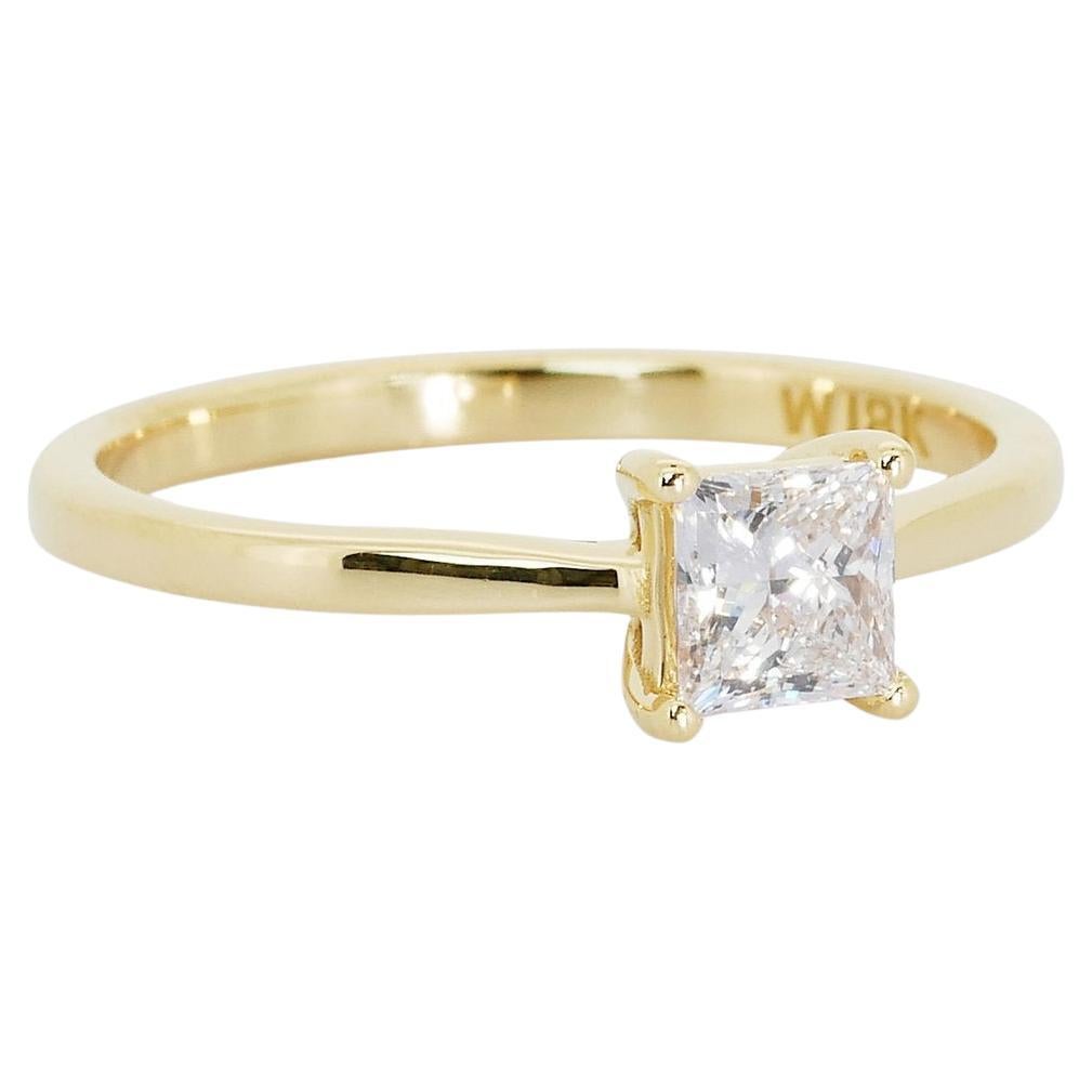 Elevate your sense of style with our enchanting Solitaire Princess Ring, a true testament to refined elegance. This exquisite piece is centered around a dazzling 0.90-carat diamond, expertly cut in a captivating cushion modified style. This ring
