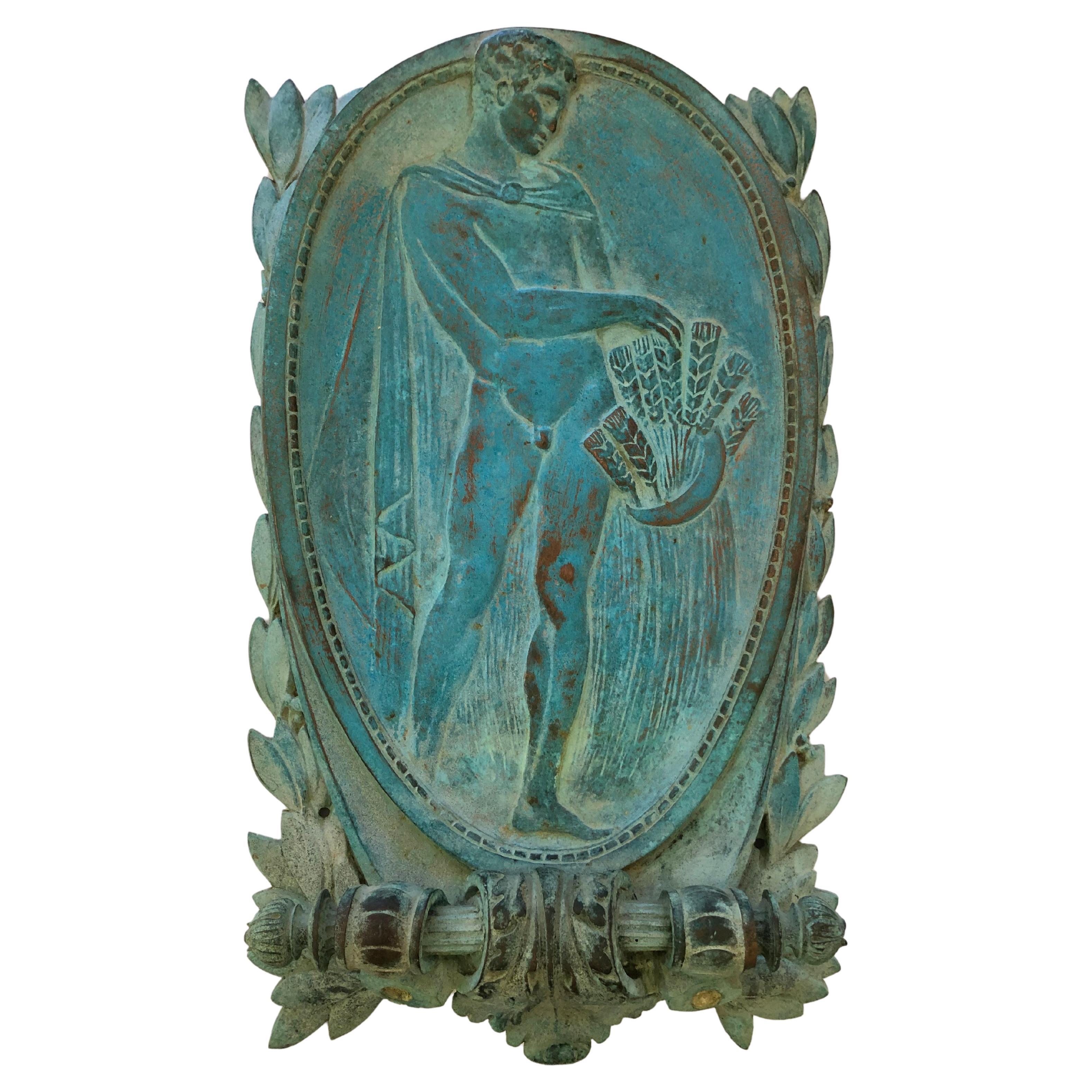 Splendid 19th Century Bronze Turquoise Patina Plaque in Relief of Male Nude