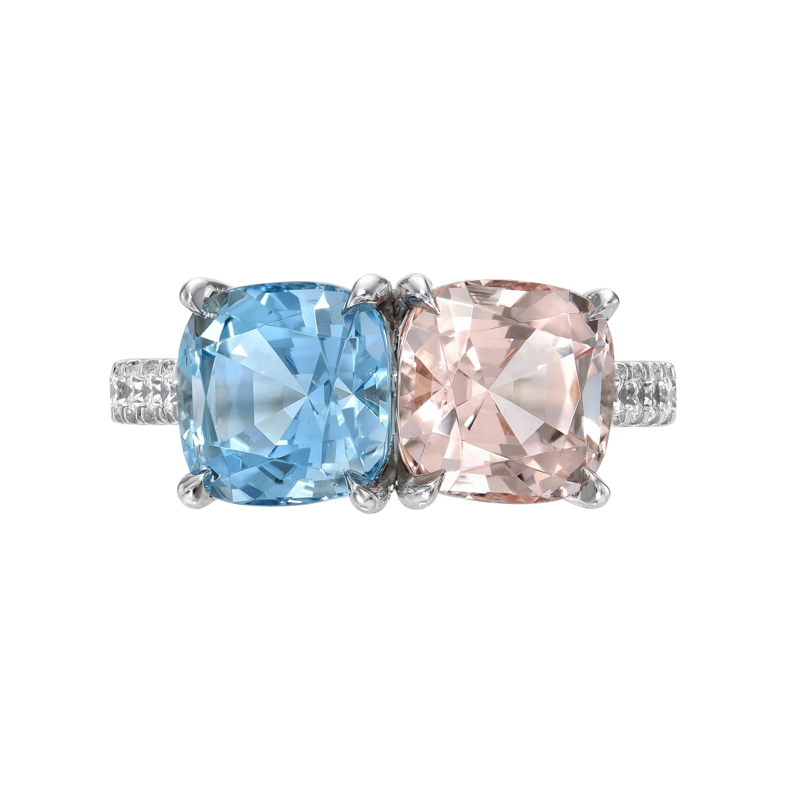 Taille coussin Splendide bague en platine ornée d'aigue-marine de 4,02 carats et de Morganite avec accents de diamants en vente