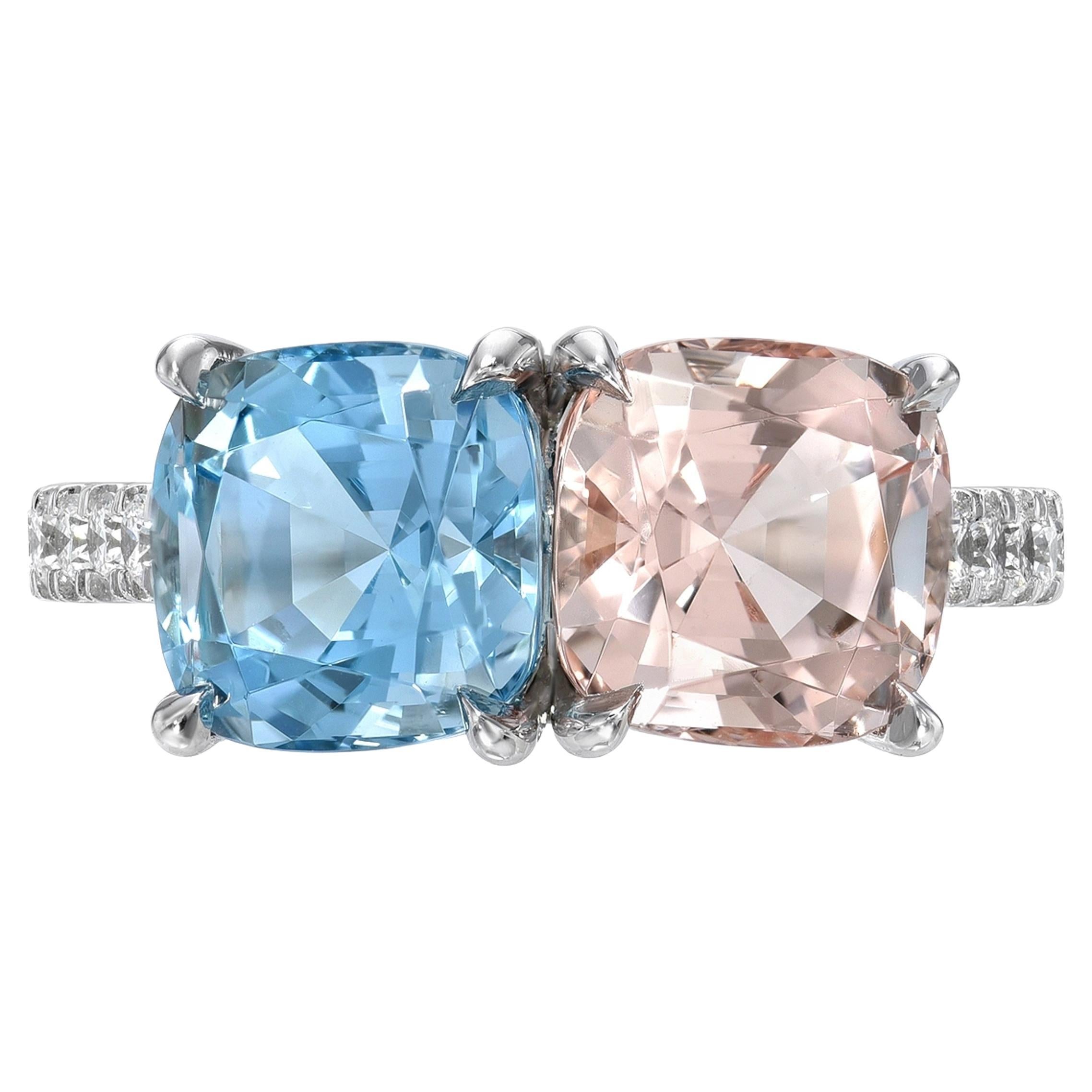 Splendido anello in platino con acquamarina e morganite da 4,02 carati con accenti di diamanti